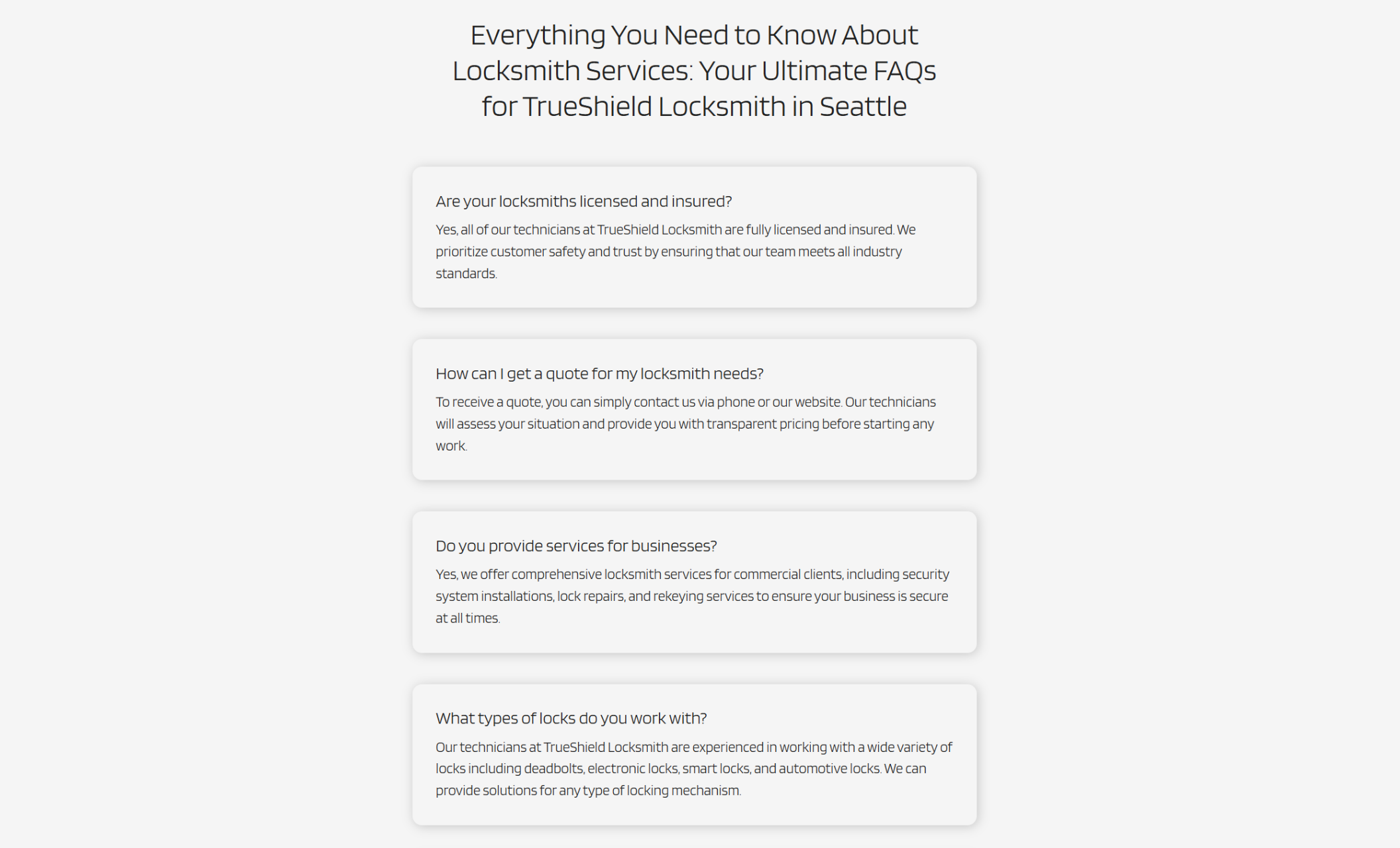 FAQ section for TrueShield Locksmith with four white cards answering questions about licensing, quotes, business services, and lock types