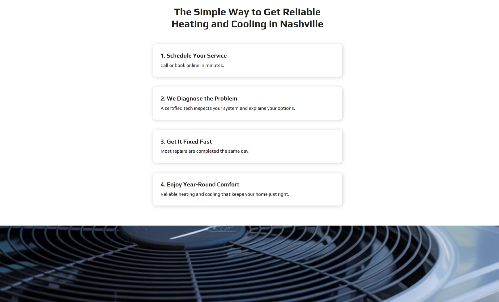 TrueTemp HVAC webpage showing four white step boxes titled “Schedule Your Service,” “We Diagnose the Problem,” “Get It Fixed Fast,” and “Enjoy Year-Round Comfort,” above a close-up image of a black HVAC fan