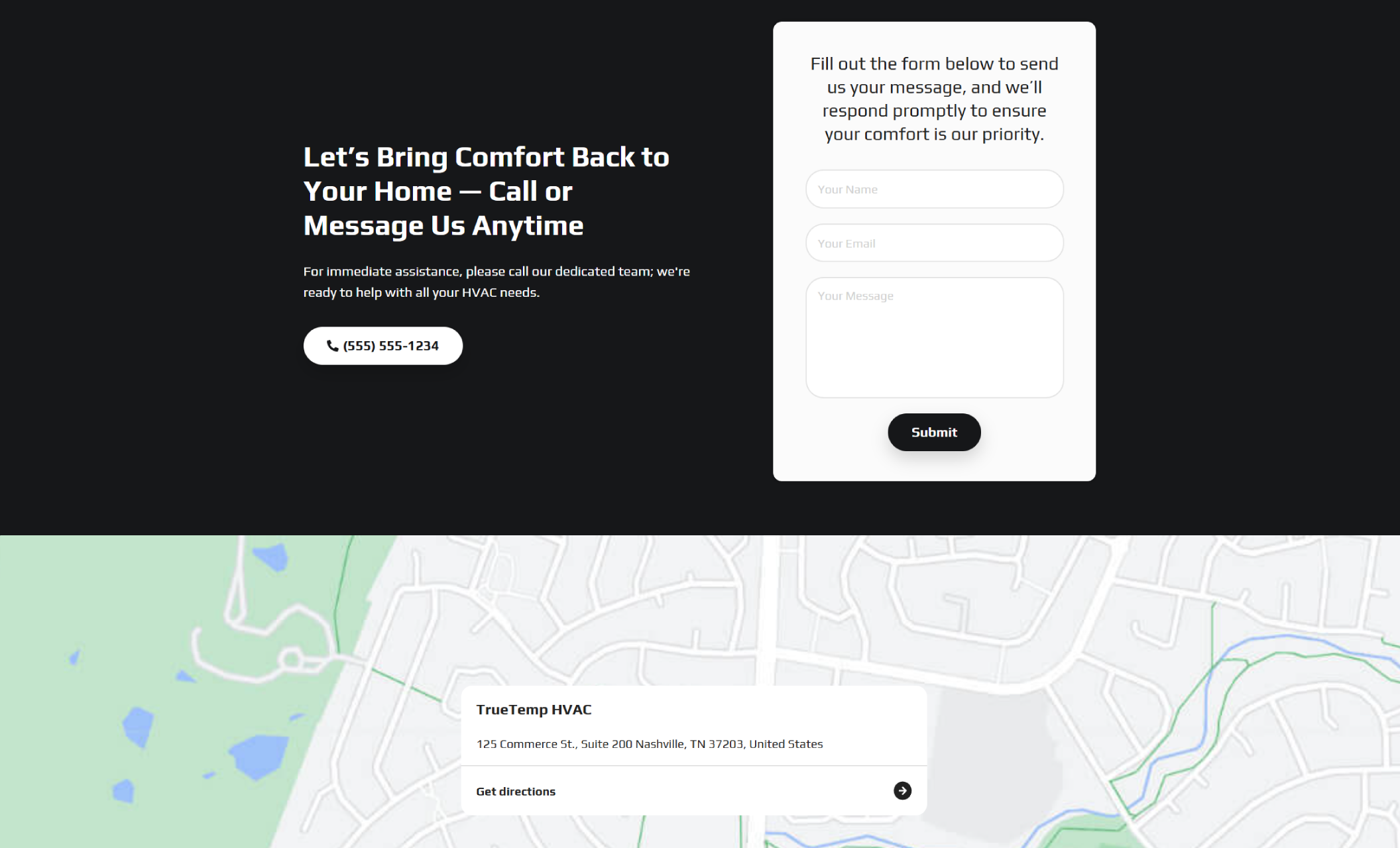 TrueTemp HVAC contact section featuring a dark background with the headline “Let’s Bring Comfort Back to Your Home — Call or Message Us Anytime,” a phone button labeled “(555) 555-1234,” a white contact form, and an embedded map showing the Nashville location