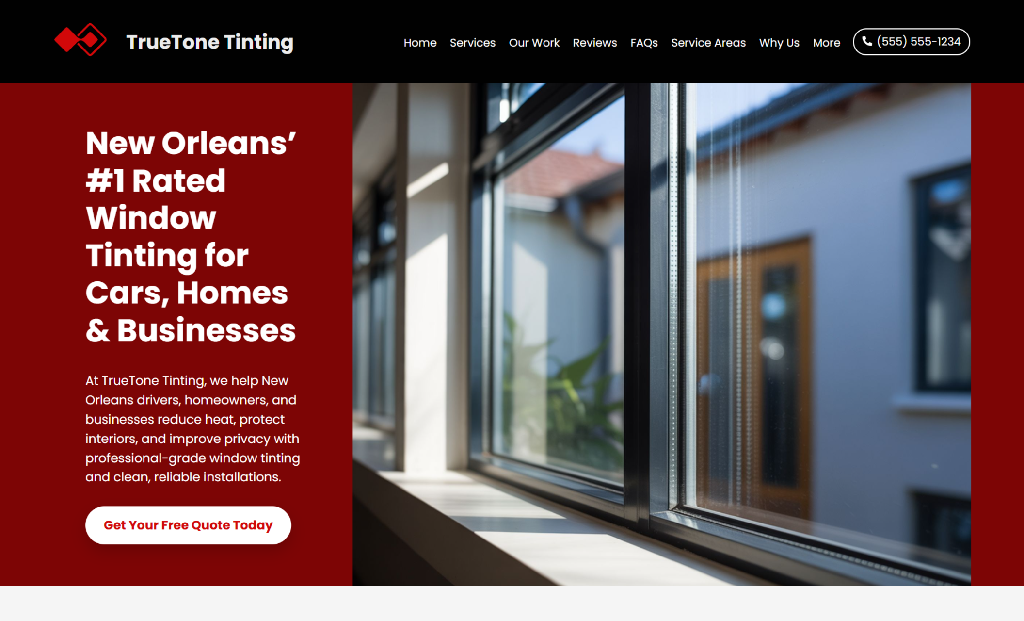 TrueTone Tinting homepage hero featuring a red panel with the headline “New Orleans’ #1 Rated Window Tinting for Cars, Homes & Businesses,” a white “Get Your Free Quote Today” button, and a large photo of sunlight hitting a window interior