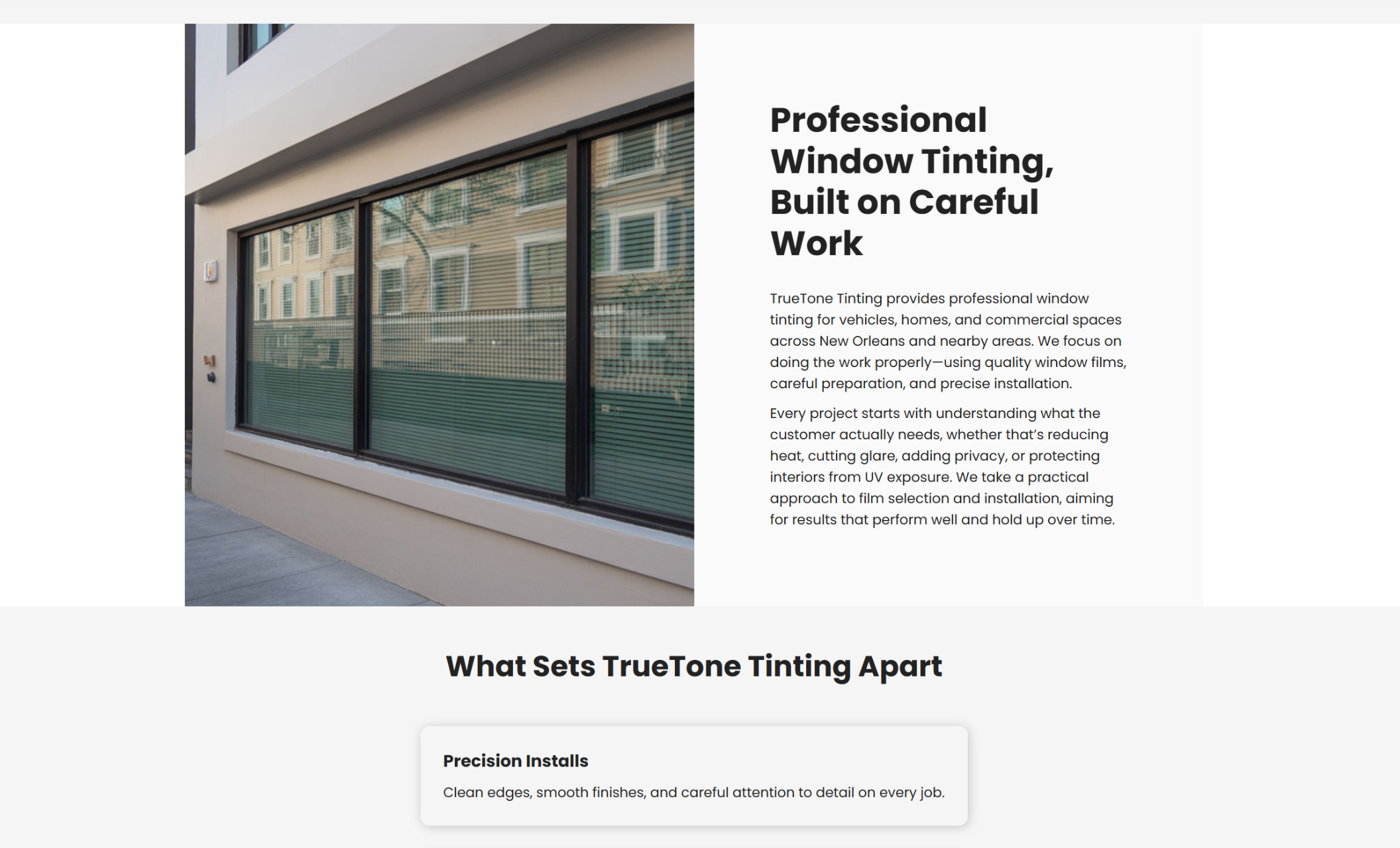 TrueTone Tinting webpage section with a storefront window photo beside the headline “Professional Window Tinting, Built on Careful Work,” followed by descriptive service text and a feature card labeled “Precision Installs.”