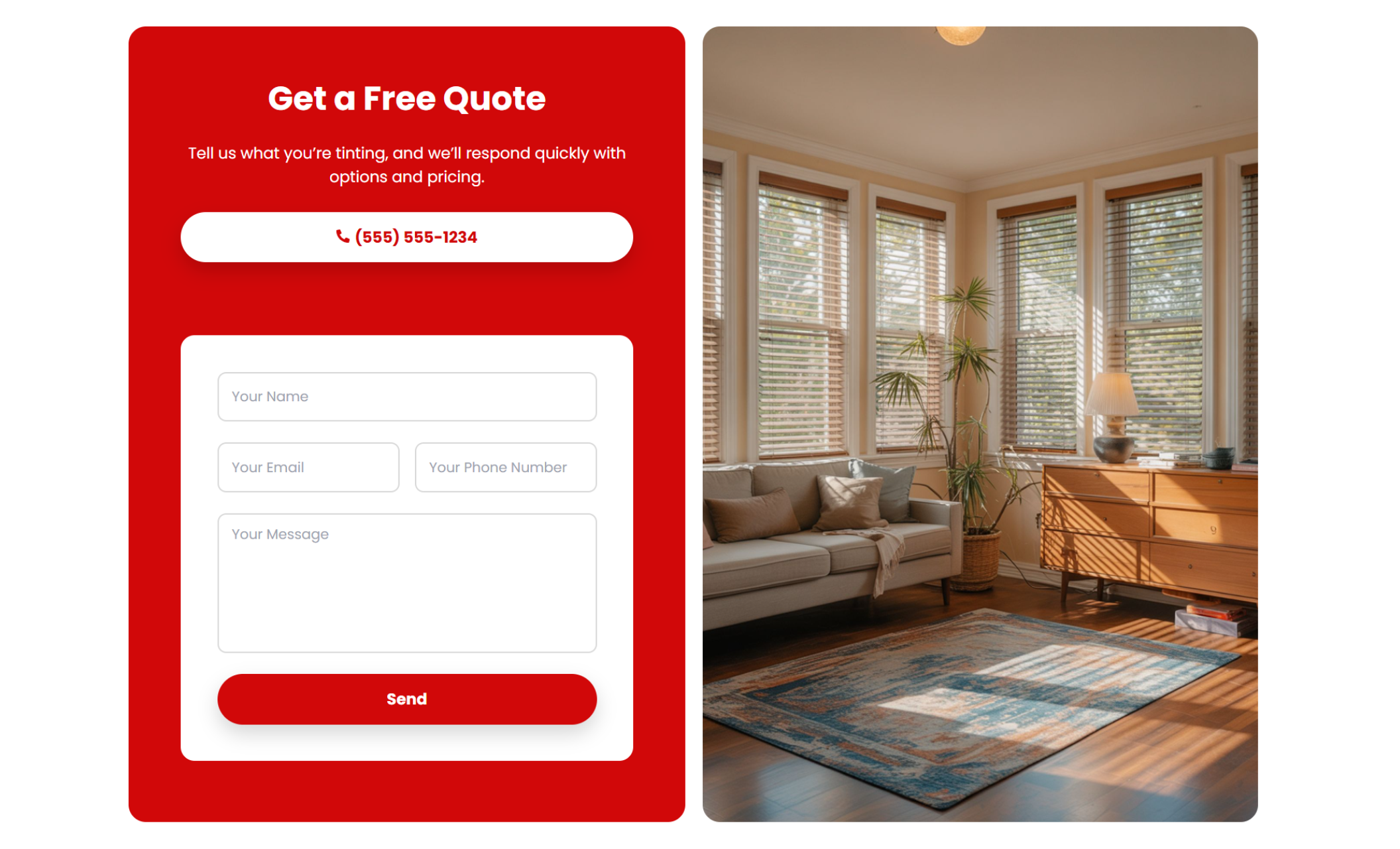 TrueTone Tinting “Get a Free Quote” section featuring a bold red contact panel with a phone number and form fields for name, email, phone number, and message, beside a bright living room photo with large windows and sunlight streaming in
