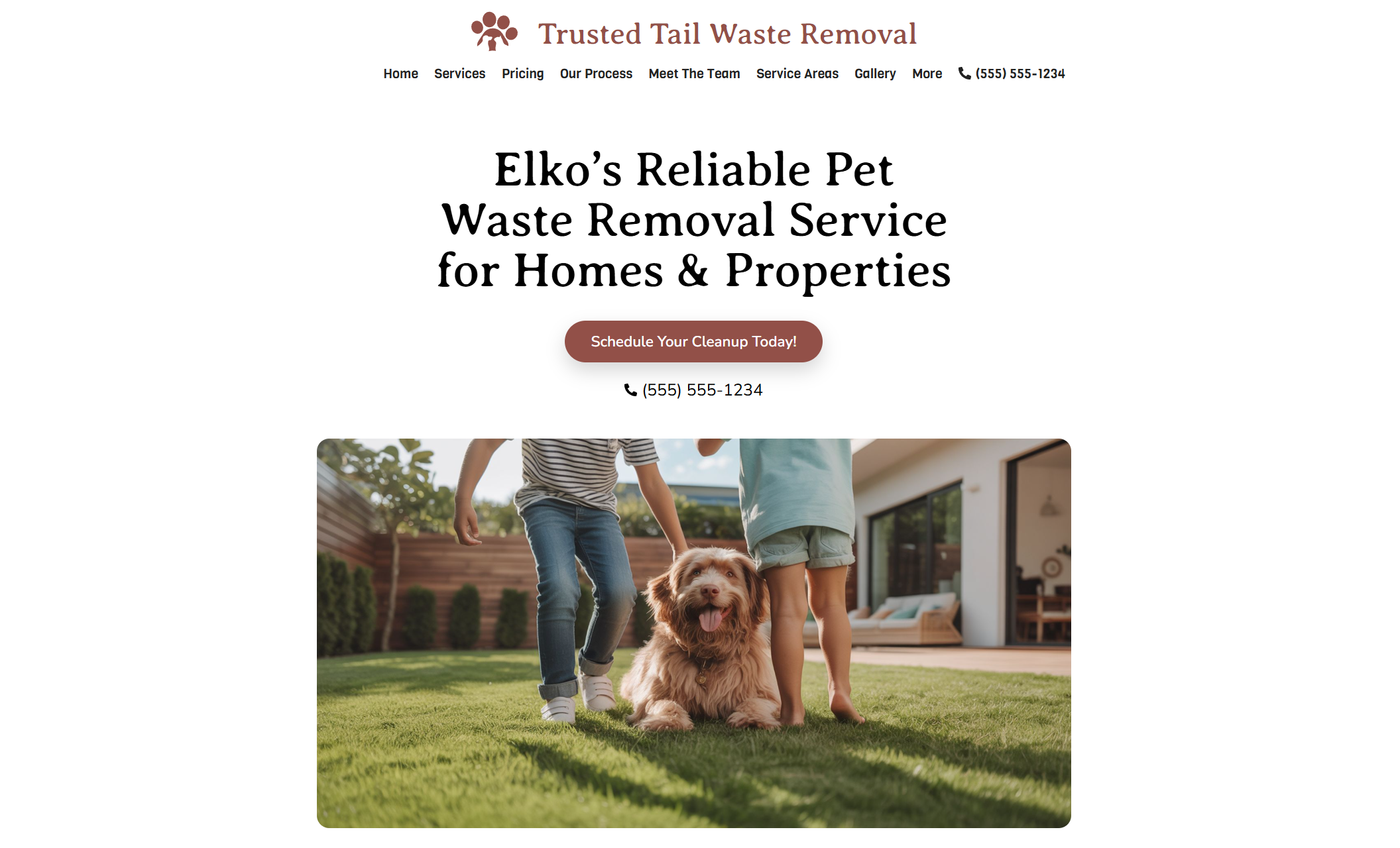 Trusted Tail Waste Removal homepage hero with a technician collecting dog waste in a green bag while a happy dog lounges on a lawn, beneath the headline “Elko’s Reliable Pet Waste Removal Service for Homes & Properties” and a “Schedule Your Cleanup Today” button