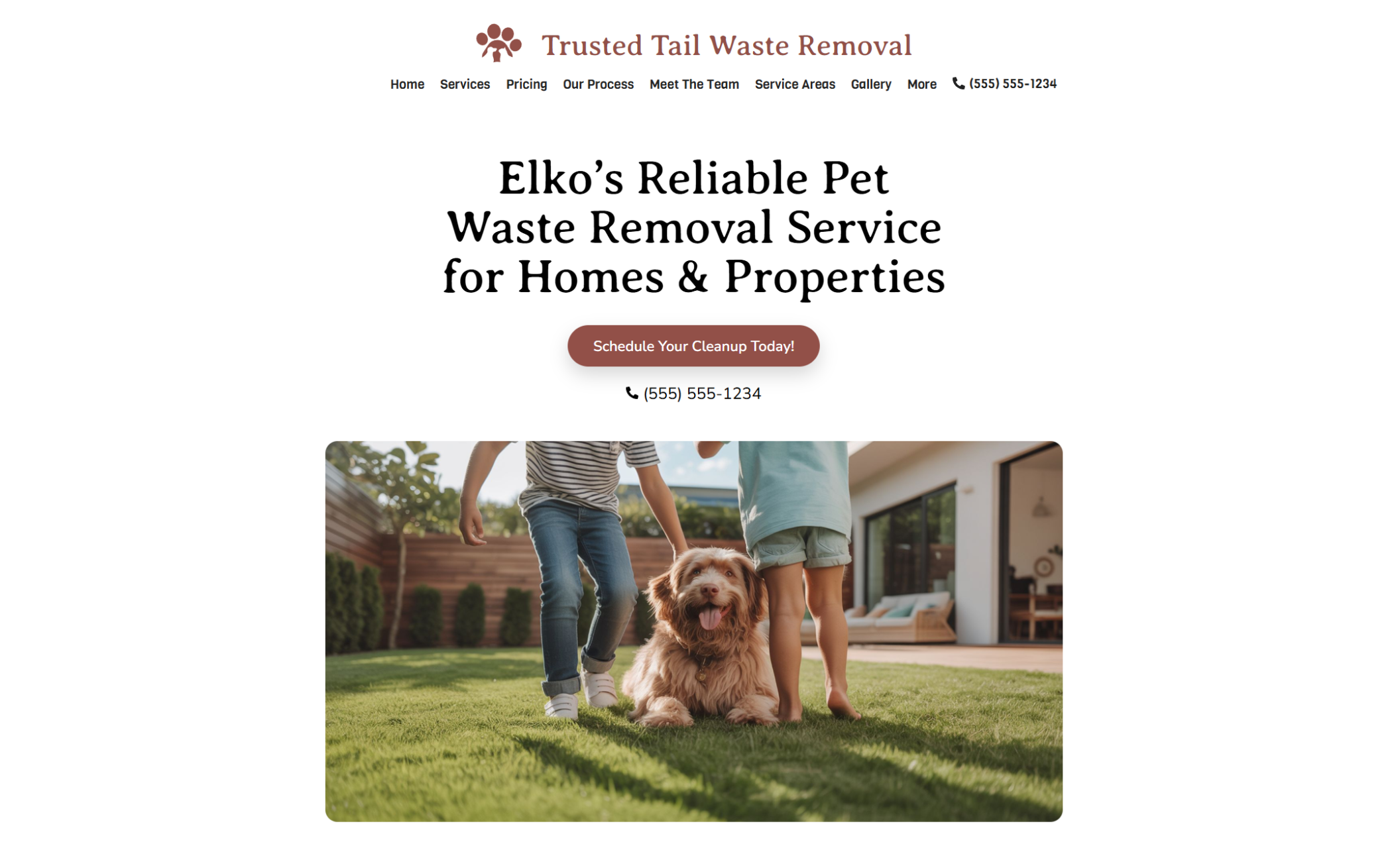 Trusted Tail Waste Removal homepage hero with a technician collecting dog waste in a green bag while a happy dog lounges on a lawn, beneath the headline “Elko’s Reliable Pet Waste Removal Service for Homes & Properties” and a “Schedule Your Cleanup Today” button