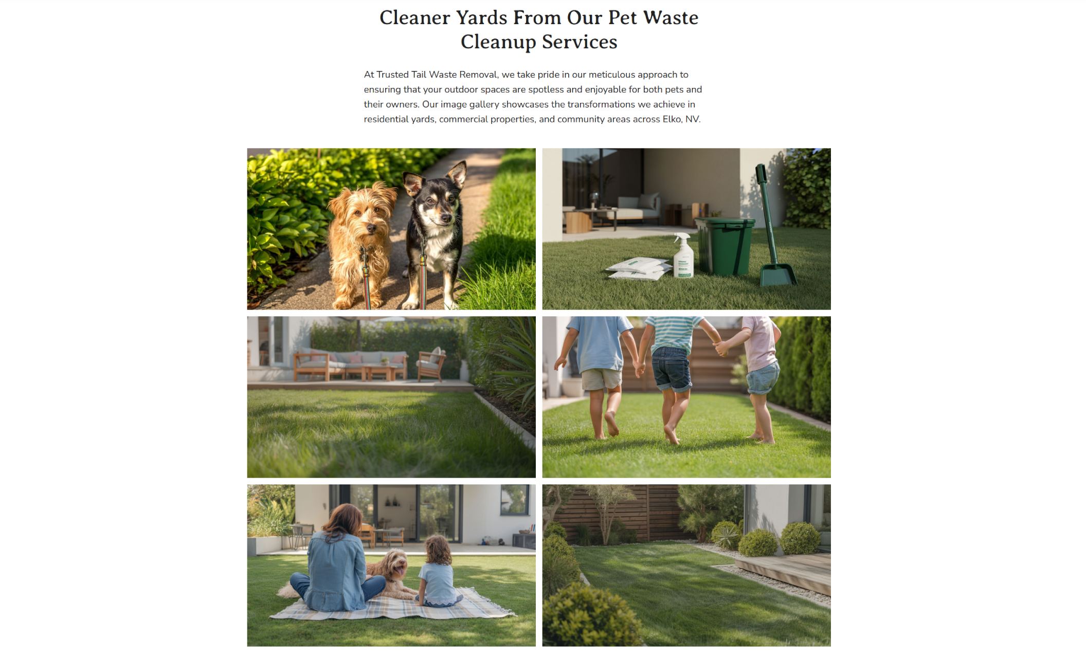Trusted Tail Waste Removal gallery section featuring before-and-after style images of dog waste cleanup, including a technician emptying a pet waste bin, dogs walking on clean paths, and yard cleanup tools displayed on freshly maintained grass