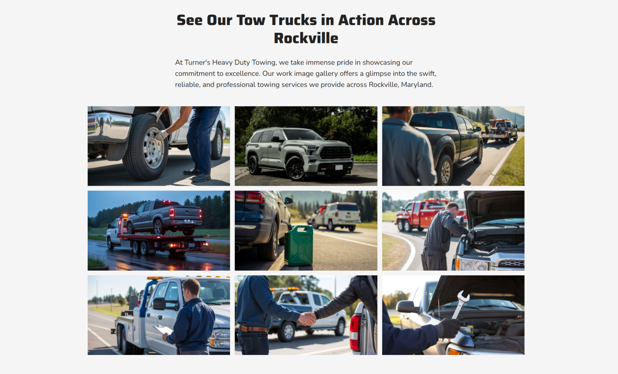 Turner’s Heavy Duty Towing gallery section titled “See Our Tow Trucks in Action Across Rockville” featuring a 3x3 grid of towing and roadside assistance images including tire service, vehicle transport, fuel delivery, jump-starts, and a mechanic working under the hood