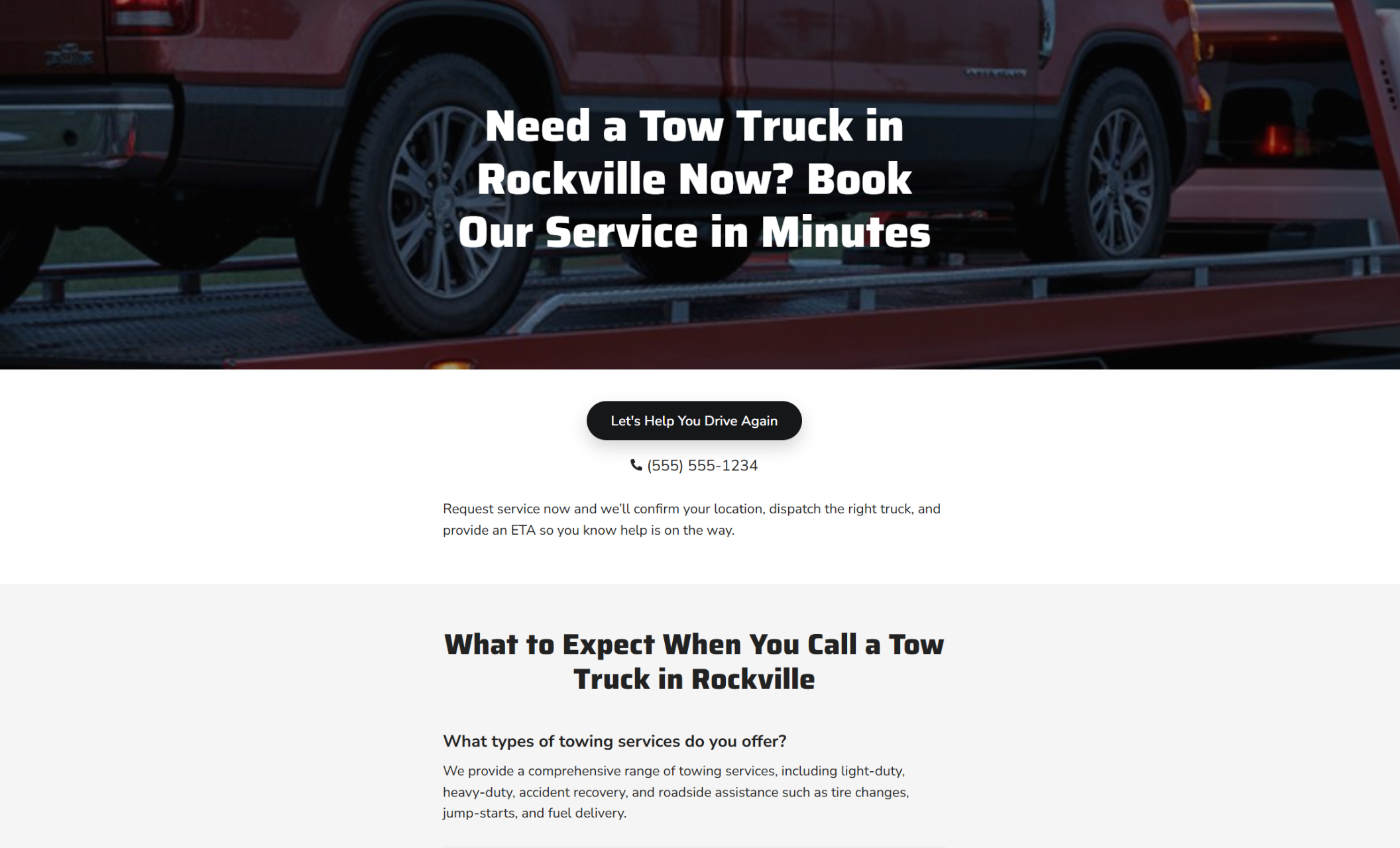 Turner’s Heavy Duty Towing "Book Now" section featuring a red SUV secured on a tow truck at night behind the headline “Need a Tow Truck in Rockville Now? Book Our Service in Minutes,” with a black button reading “Let’s Help You Drive Again.”