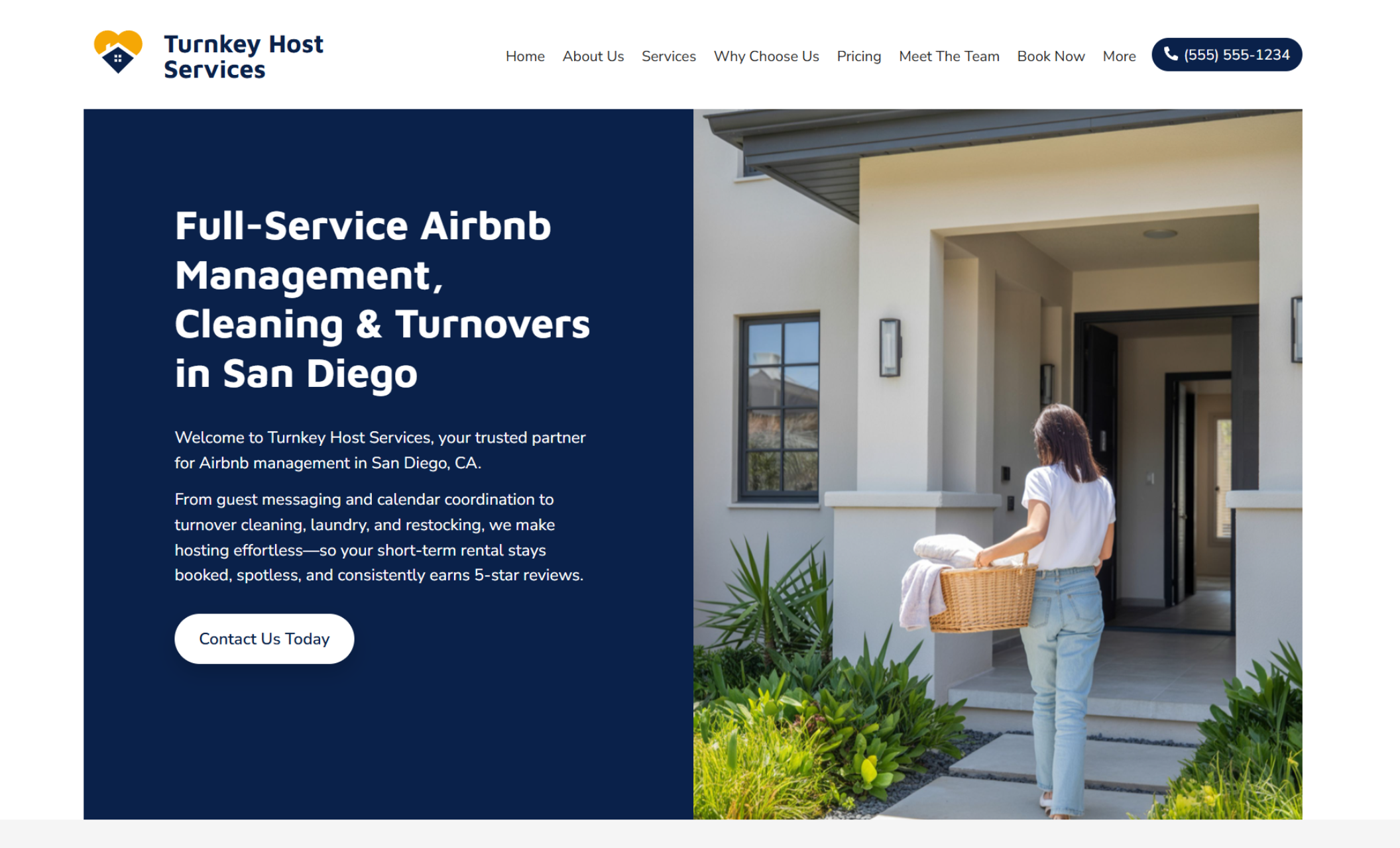 Turnkey Host Services homepage hero featuring a dark blue text panel reading “Full-Service Airbnb Management, Cleaning & Turnovers in San Diego” beside a photo of a woman carrying clean linens into a modern home entryway