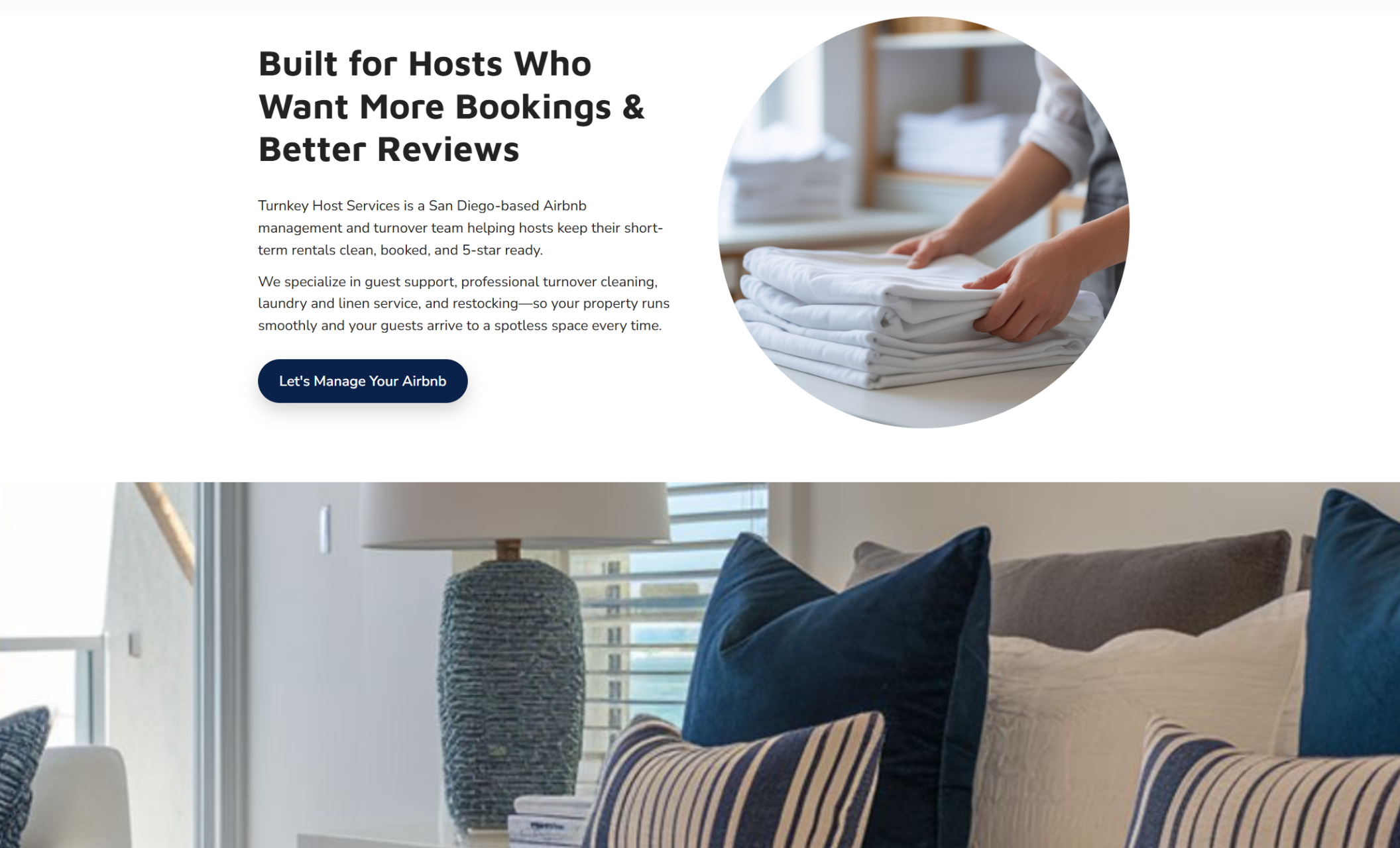 Turnkey Host Services section titled “Built for Hosts Who Want More Bookings & Better Reviews,” showing a circular photo of folded white towels beside a bold headline and a blue “Let’s Manage Your Airbnb” button