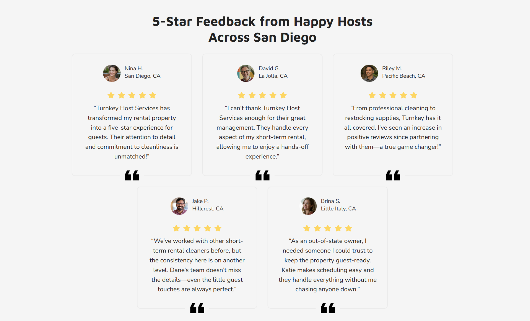 Turnkey Host Services testimonials section titled “5-Star Feedback from Happy Hosts Across San Diego,” featuring five review cards with star ratings, customer names, and quote icons on a clean white background