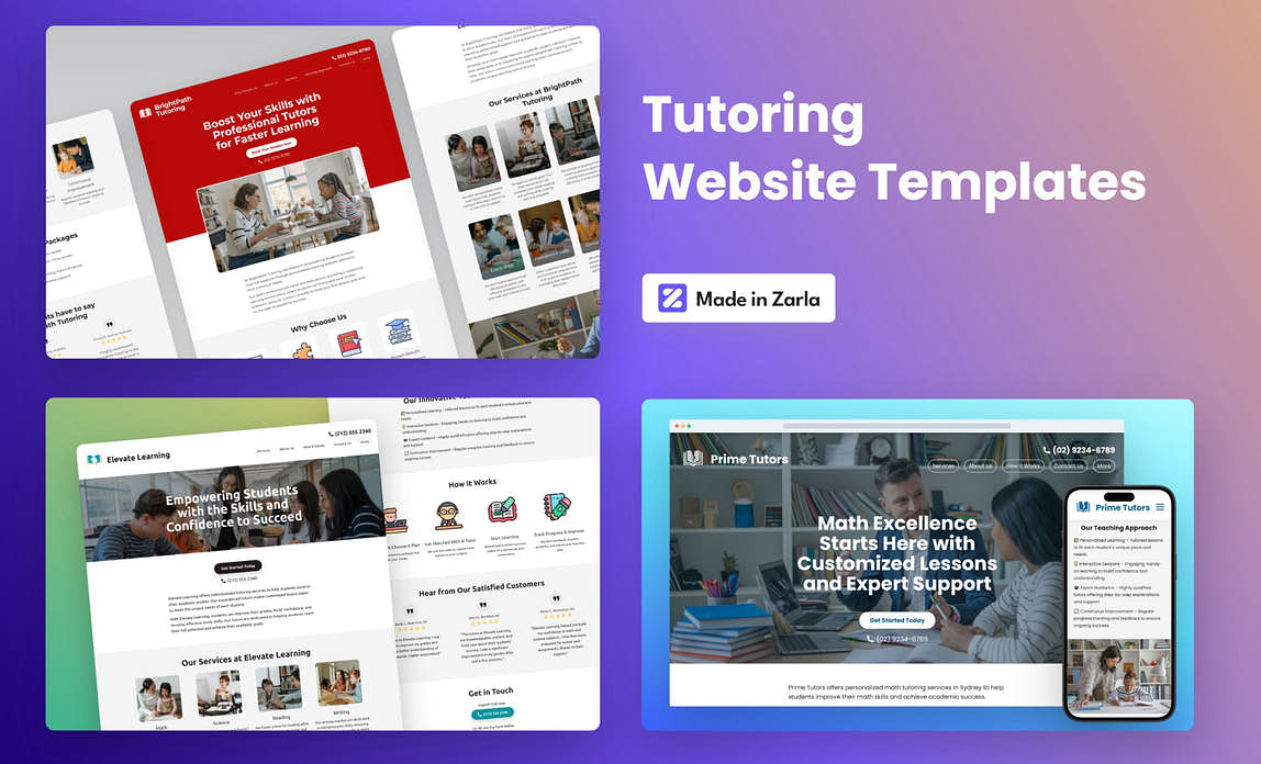 Collection of tutoring website templates made with Zarla's AI website builder