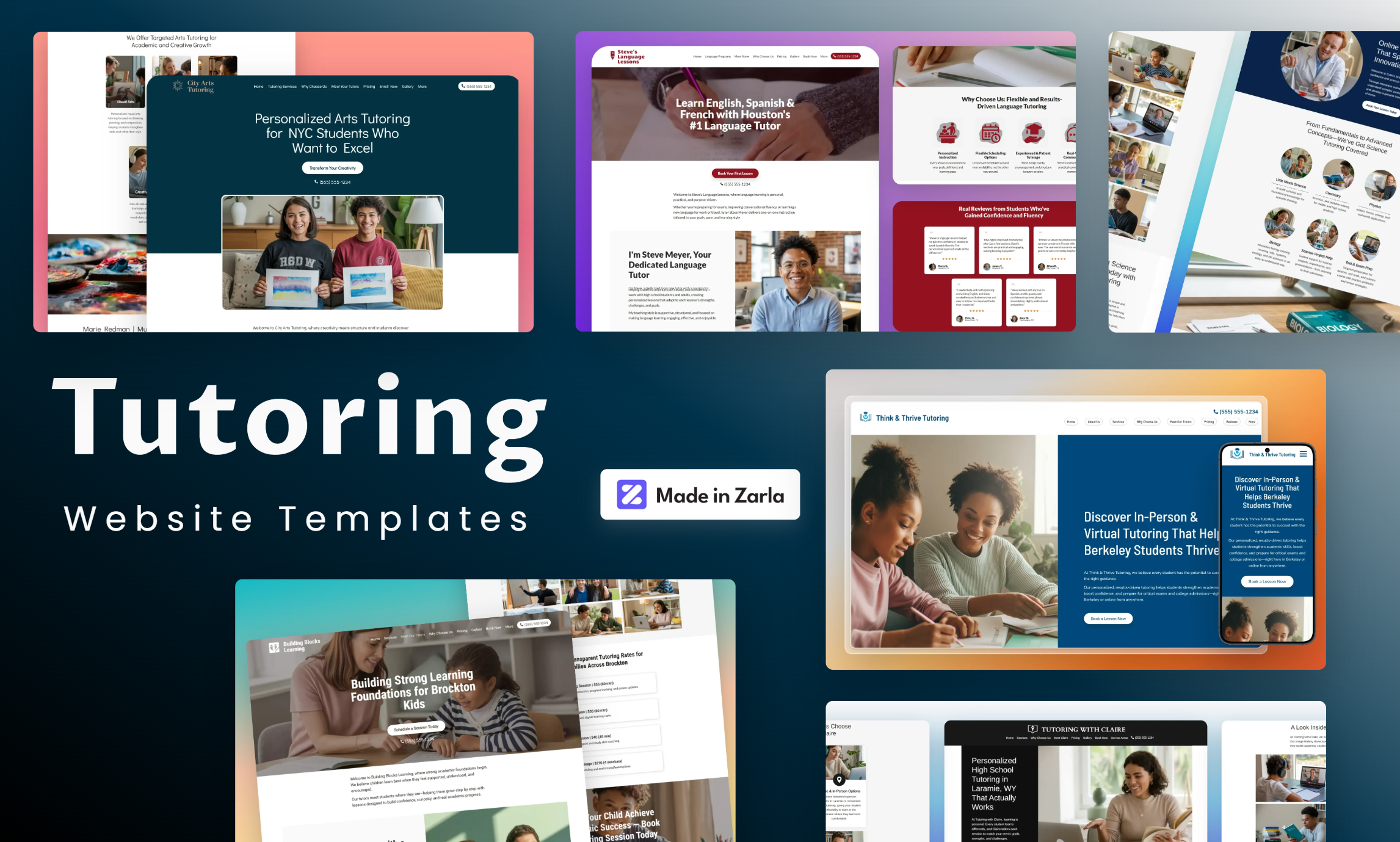 Collection of tutoring website templates made with Zarla's AI website builder