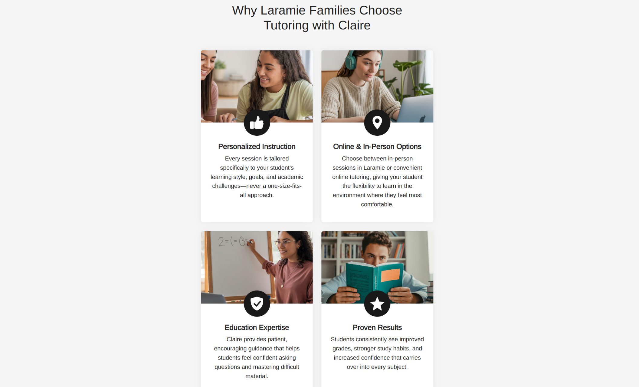 Tutoring with Claire “Why Choose Us” section displaying four feature cards with icons and images highlighting personalized instruction, online and in-person options, education expertise, and proven academic results
