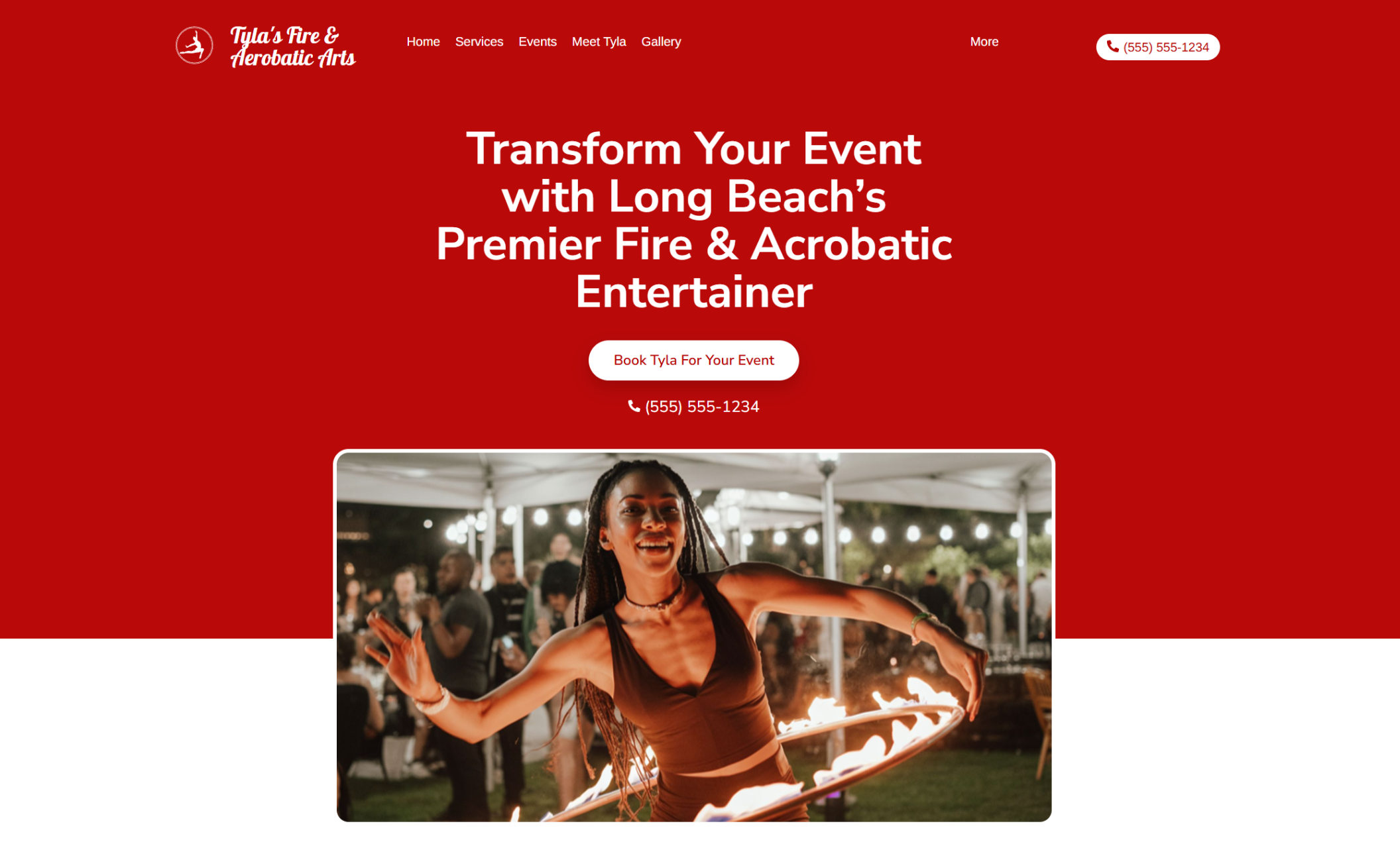 Tyla’s Fire & Acrobatic Arts homepage hero displaying Tyla mid-performance with a fire hoop against a bold red background, overlaid with the headline “Transform Your Event with Long Beach’s Premier Fire & Acrobatic Entertainer” and a white “Book Tyla For Your Event” button