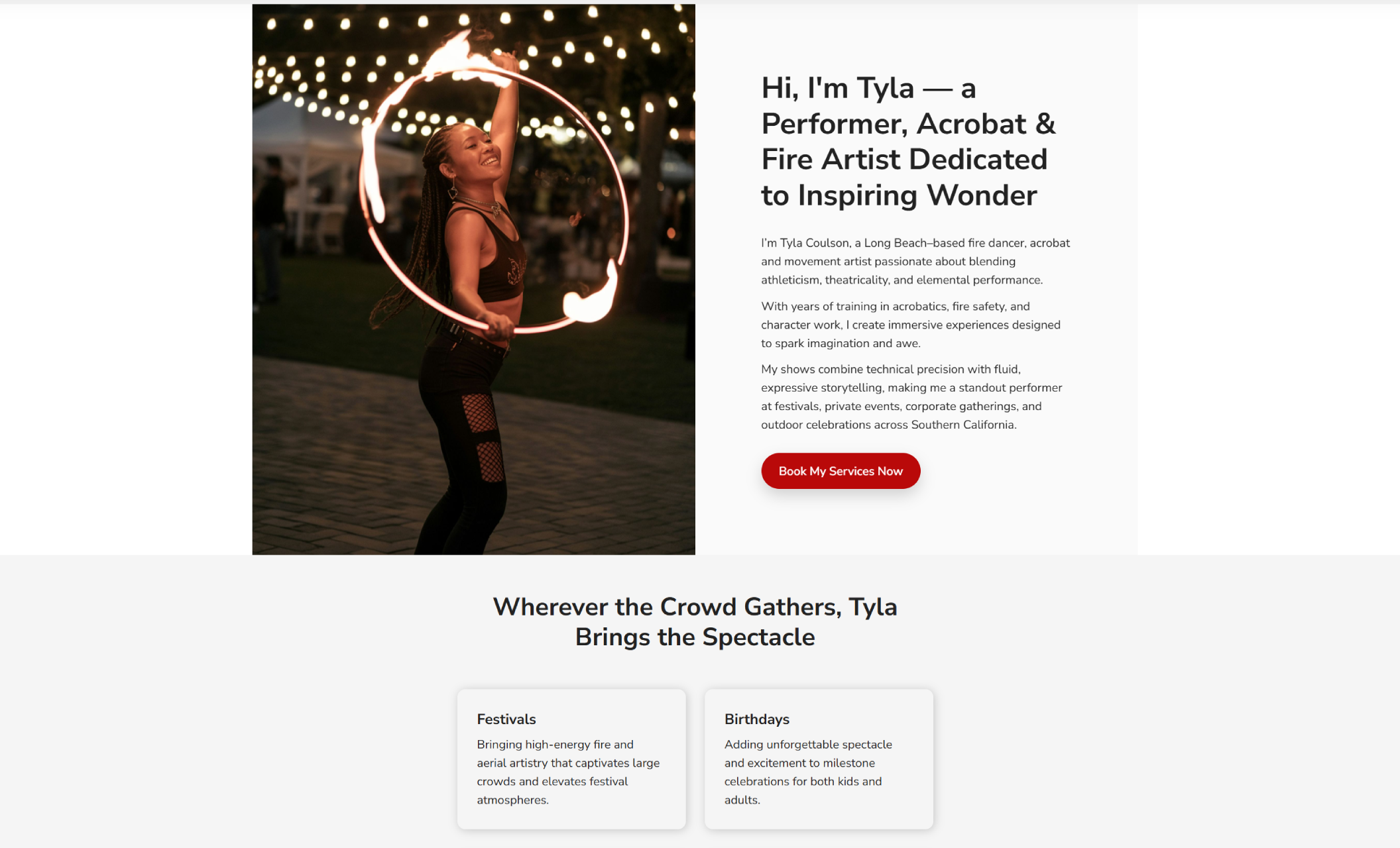 Tyla’s Fire & Acrobatic Arts introduction section showing Tyla smiling while spinning a flaming hoop under string lights at night, paired with the heading “Hi, I’m Tyla — a Performer, Acrobat & Fire Artist Dedicated to Inspiring Wonder” and a red “Book My Services Now” button