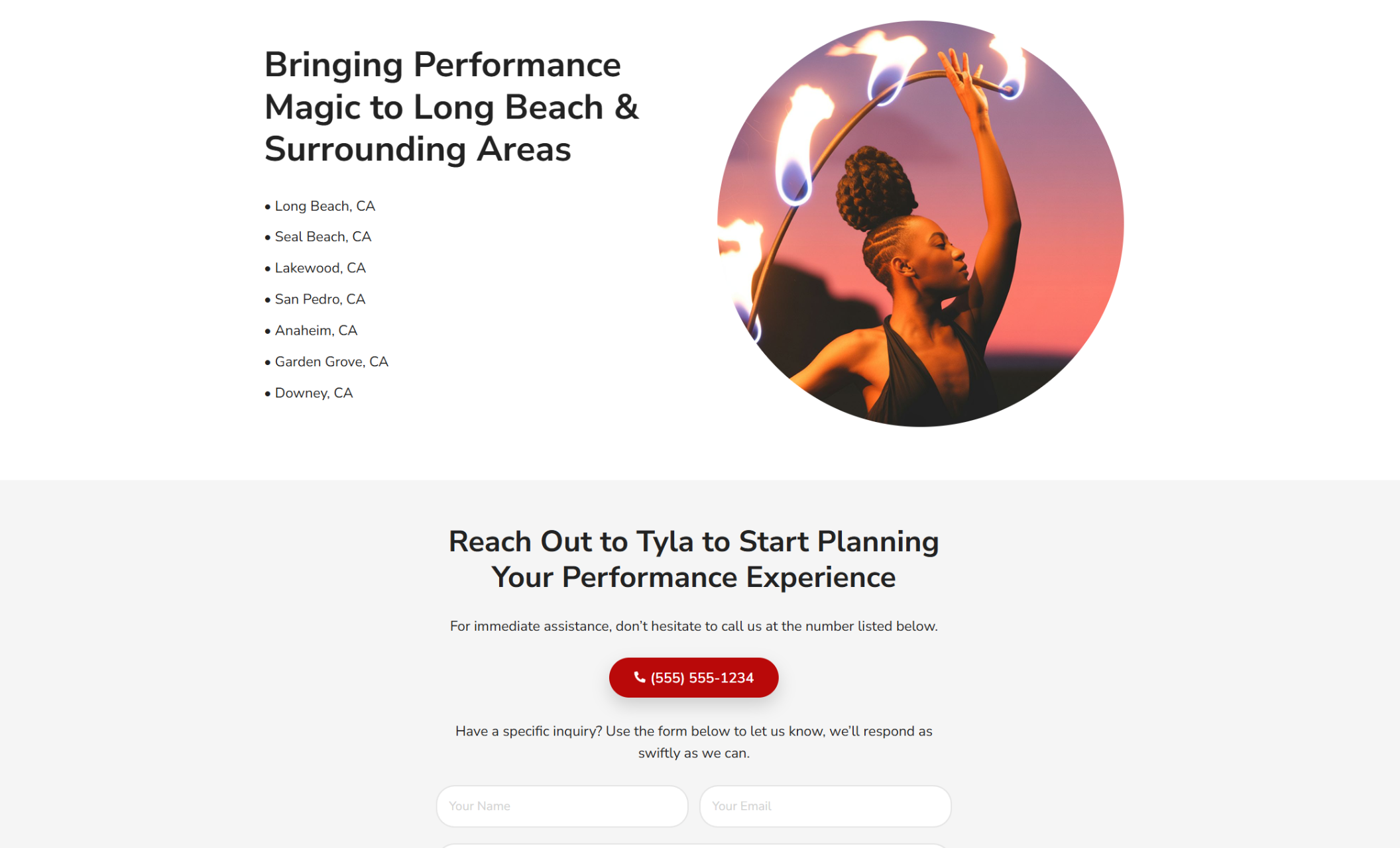 Tyla’s Fire & Acrobatic Arts service area section featuring a circular image of Tyla performing a fire hoop at sunset, beside the headline “Bringing Performance Magic to Long Beach & Surrounding Areas” with a bulleted list of Southern California cities