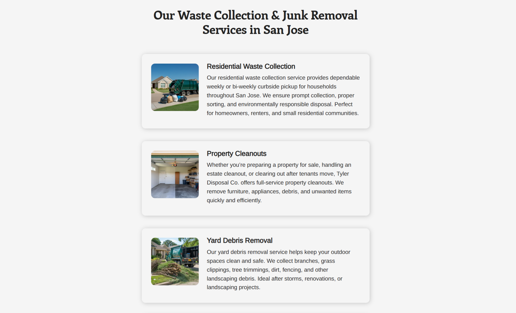 Tyler Disposal Co website section titled “Our Waste Collection & Junk Removal Services in San Jose,” featuring cards for Residential Waste Collection, Property Cleanouts, and Yard Debris Removal with supporting images