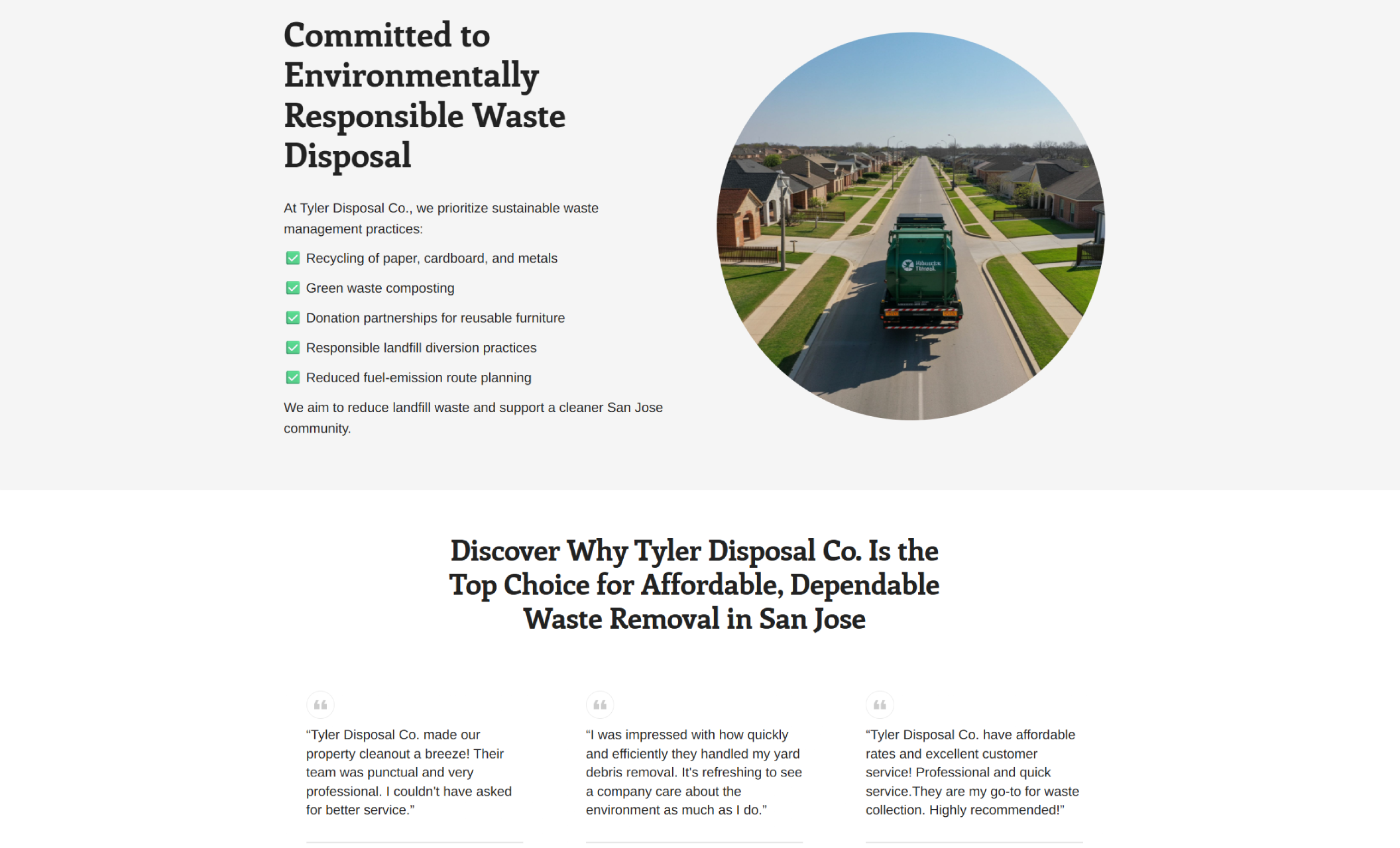Tyler Disposal Co website section titled “Committed to Environmentally Responsible Waste Disposal,” listing recycling, composting, donation partnerships, landfill diversion, and fuel-efficient routing beside a circular image of a garbage truck driving through a neighborhood