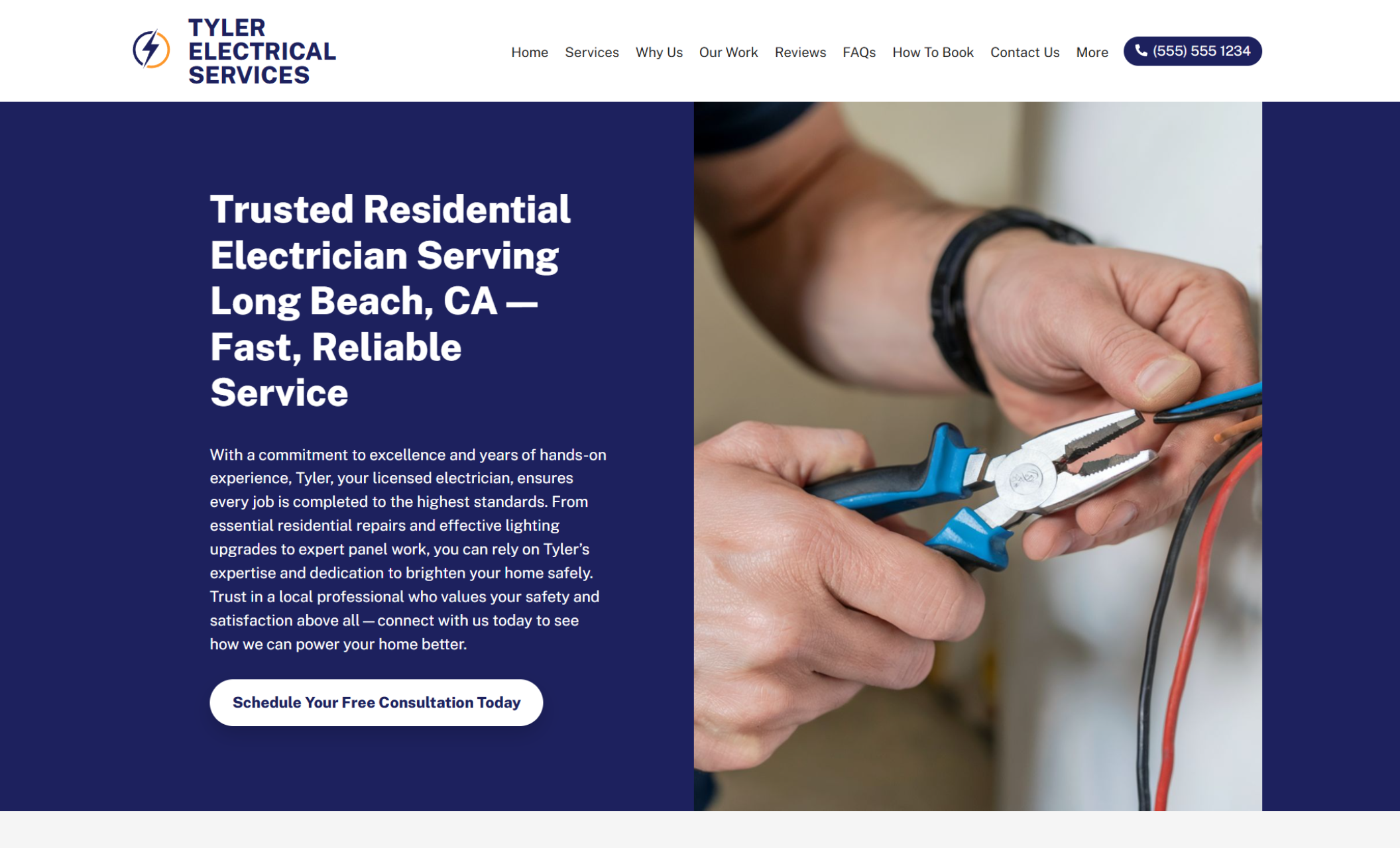 Tyler Electrical Services homepage hero featuring a navy sidebar with the headline “Trusted Residential Electrician Serving Long Beach, CA — Fast, Reliable Service,” alongside a close-up image of hands using pliers on electrical wiring and a “Schedule Your Free Consultation Today” button