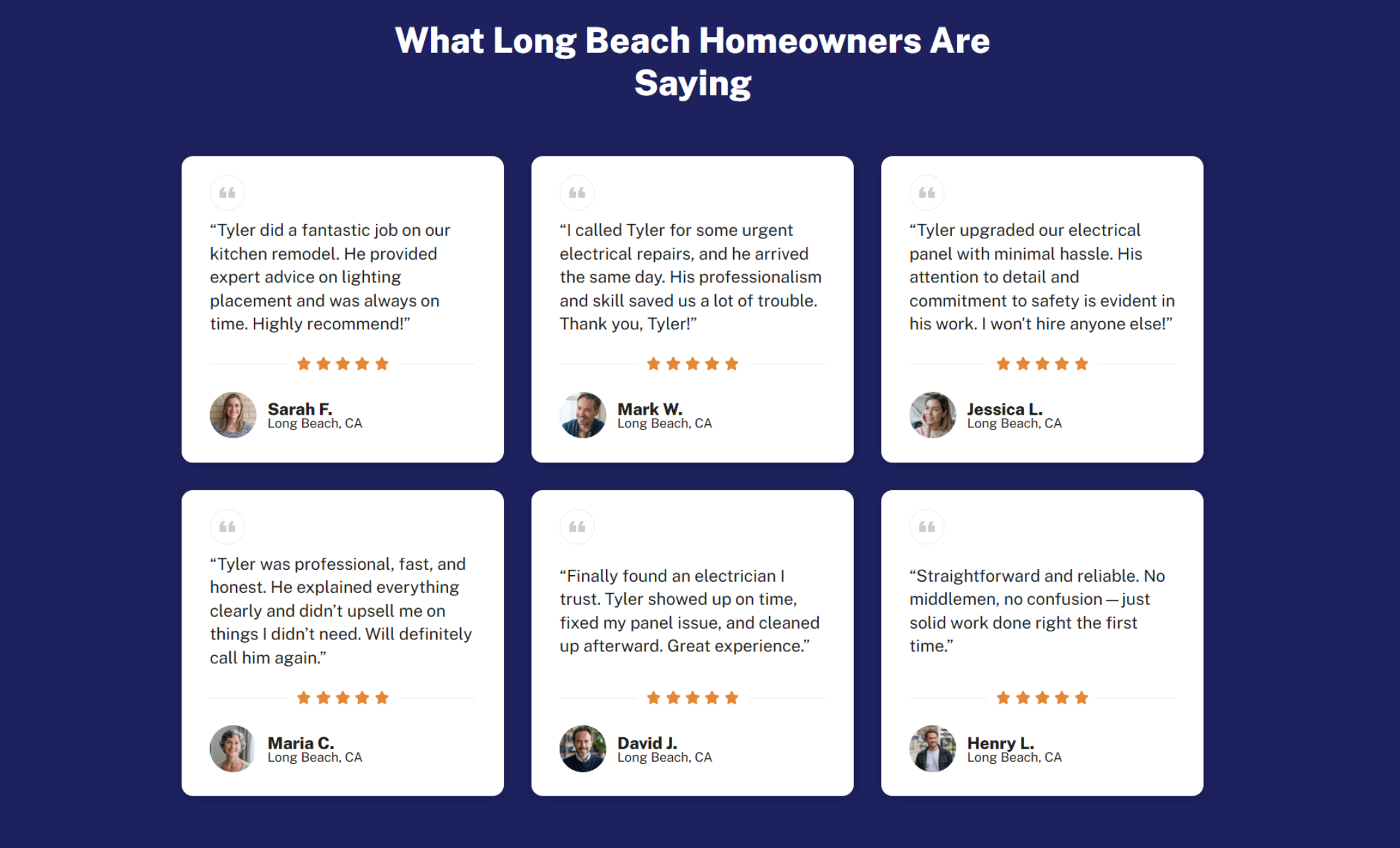 Tyler Electrical Services testimonials section titled “What Long Beach Homeowners Are Saying,” showing six five-star customer reviews in white cards against a navy background with reviewer names and profile photos