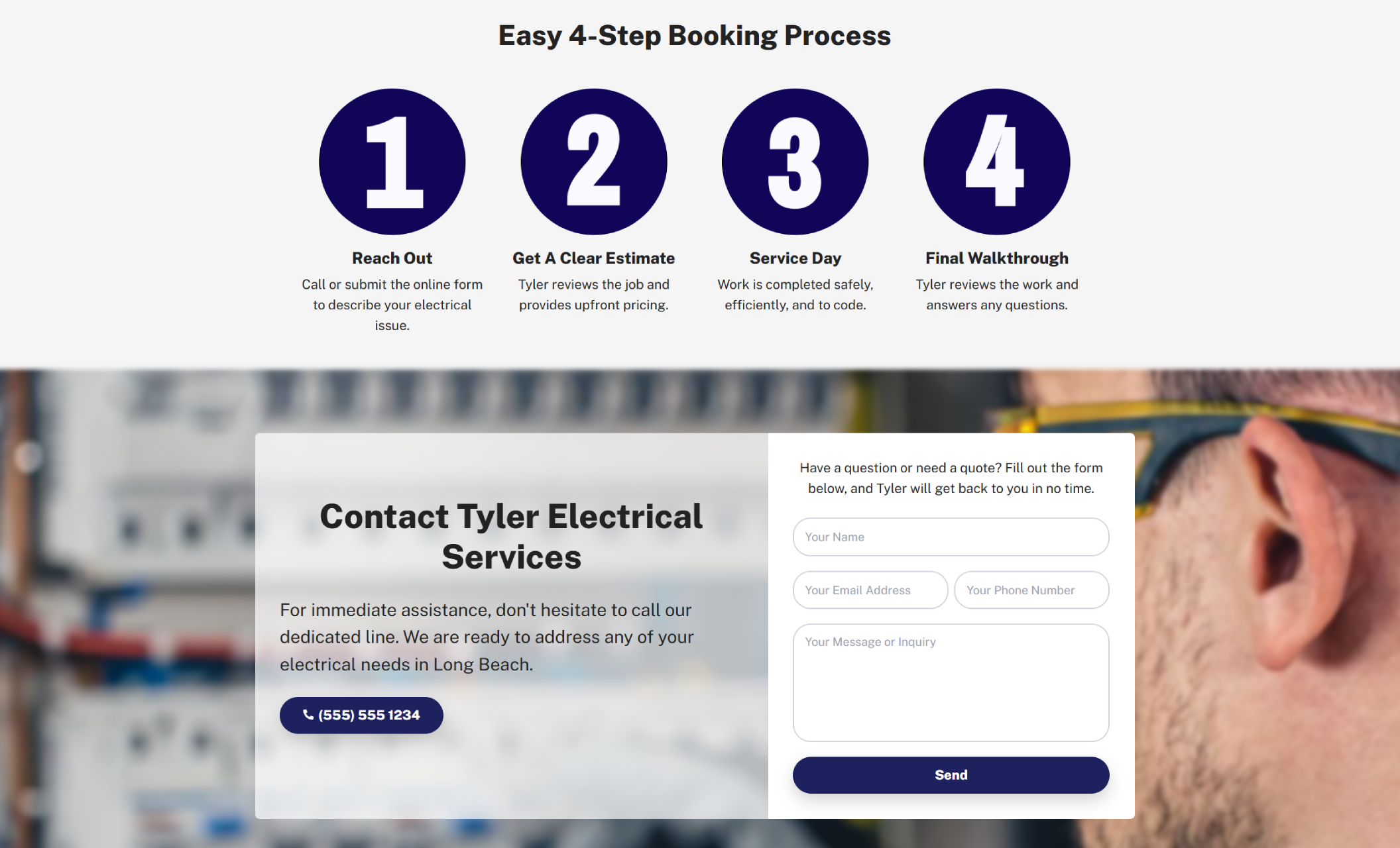 Tyler Electrical Services booking and contact section displaying a “Easy 4-Step Booking Process” with numbered icons above a “Contact Tyler Electrical Services” form and phone number button over a blurred electrical panel background