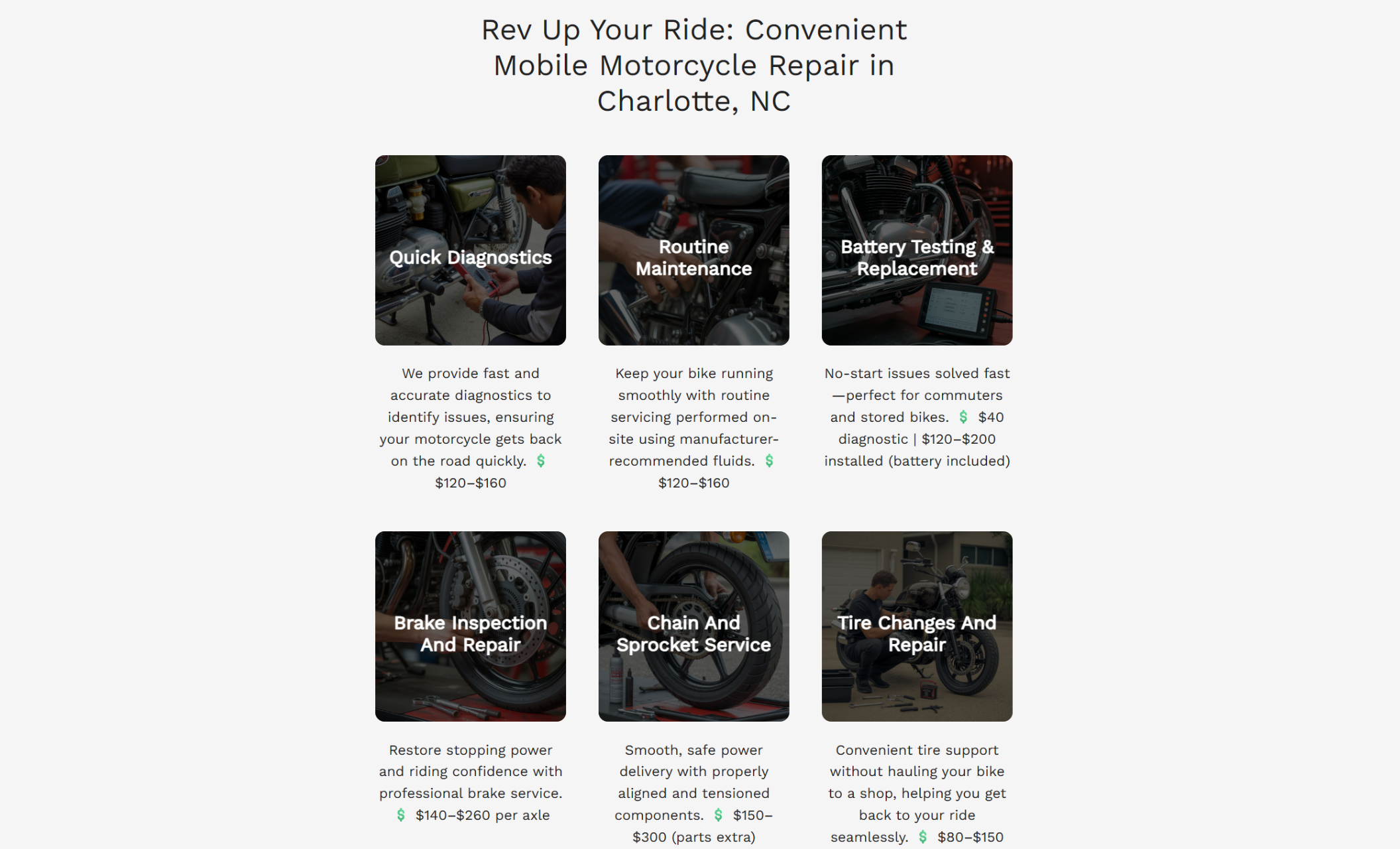 Motorcycle service pricing section titled “Rev Up Your Ride: Convenient Mobile Motorcycle Repair in Charlotte, NC,” showing six service cards for diagnostics, maintenance, batteries, brakes, chains, and tire repairs