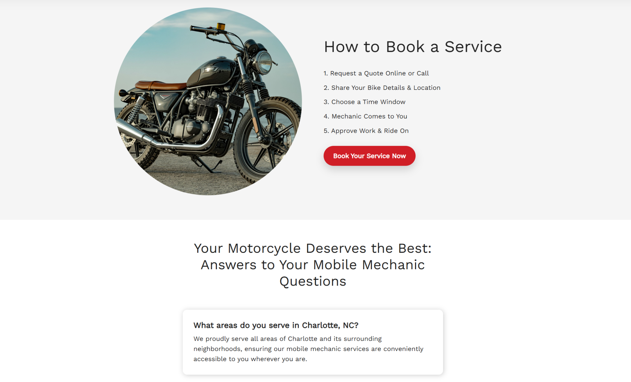 How-to section for Tyler Quinn Mobile Moto Repair displaying a motorcycle photo next to a numbered list titled “How to Book a Service” and a red “Book Your Service Now” button