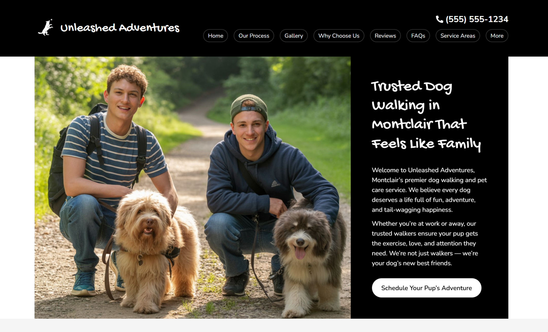 Unleashed Adventures homepage showing two smiling dog walkers sitting on a forest trail with their dogs beside the headline “Trusted Dog Walking in Montclair That Feels Like Family” on a sleek black background with a white “Schedule Your Pup’s Adventure” button