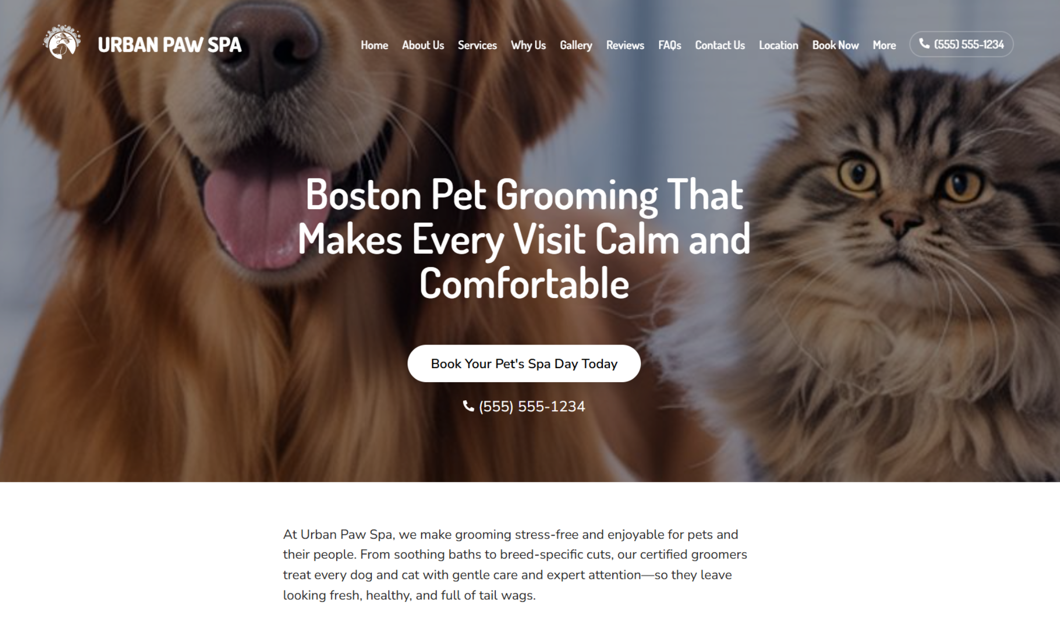 Urban Paw Spa homepage featuring a golden retriever and a fluffy gray cat beside the headline “Boston Pet Grooming That Makes Every Visit Calm and Comfortable,” with a white “Book Your Pet’s Spa Day Today” button centered below