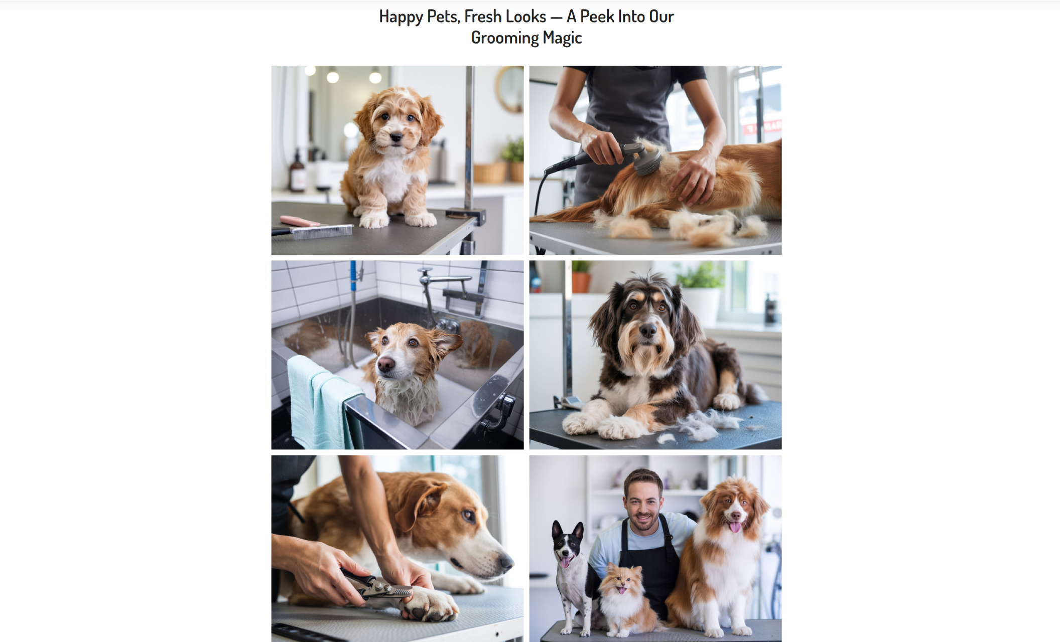 "Happy Pets, Fresh Looks — A Peek Into Our Grooming Magic” gallery showcasing six photos of dogs being washed, brushed, and groomed in a bright studio, ending with a smiling groomer posing beside three freshly groomed dogs