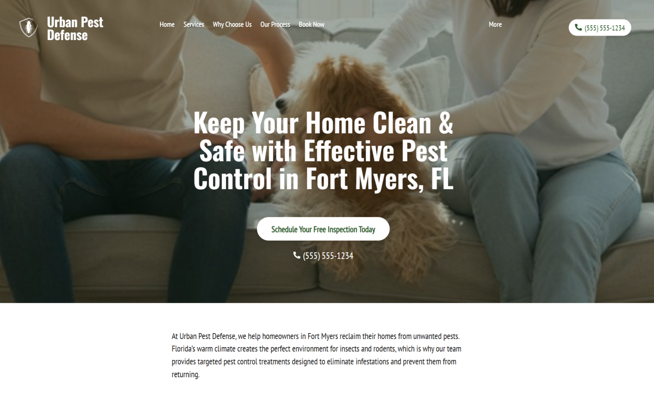 Urban Pest Defense homepage hero showing a family sitting with their dog on a couch beneath the headline “Keep Your Home Clean & Safe with Effective Pest Control in Fort Myers, FL.”