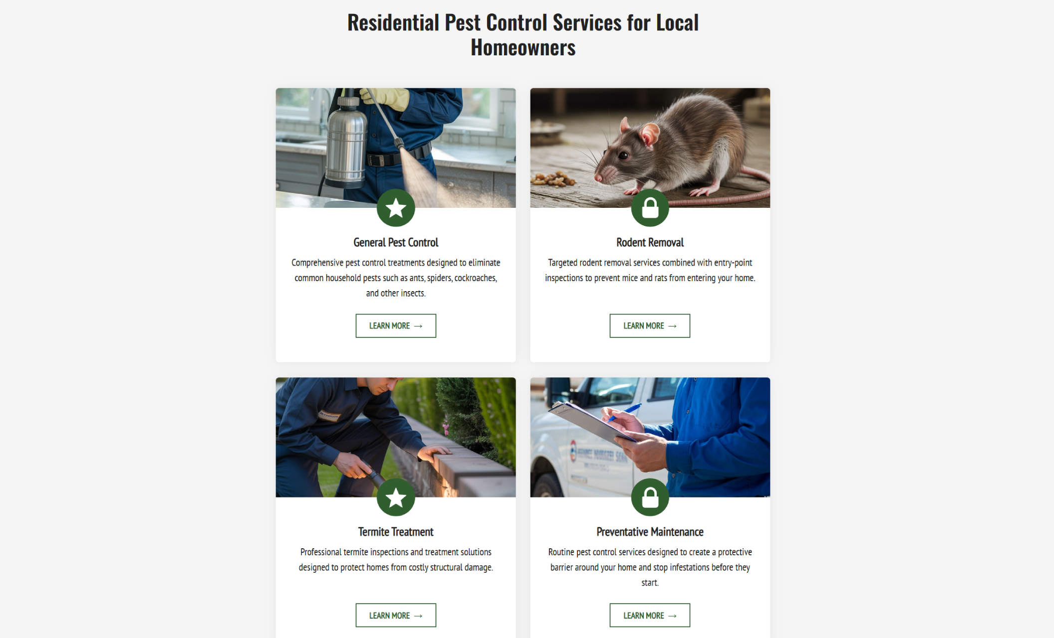 Urban Pest Defense services section labeled “Residential Pest Control Services for Local Homeowners,” featuring cards for General Pest Control, Rodent Removal, Termite Treatment, and Preventative Maintenance
