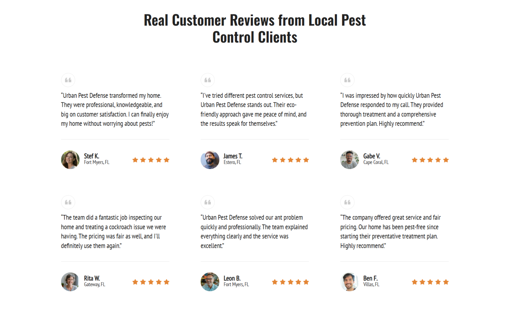 Urban Pest Defense testimonials section titled “Real Customer Reviews from Local Pest Control Clients,” displaying multiple five-star reviews with customer photos and locations across Southwest Florida