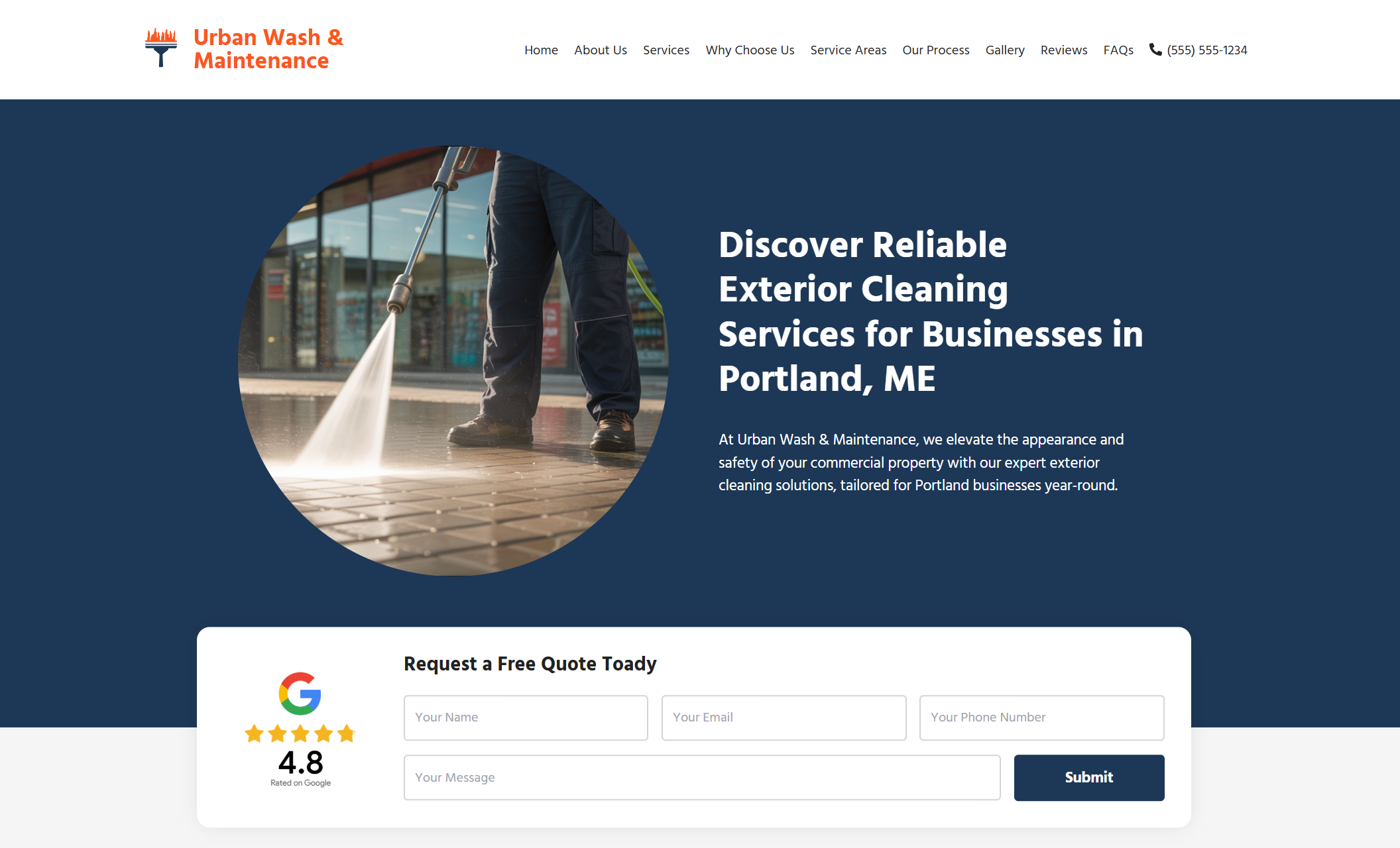 Urban Wash & Maintenance homepage featuring a pressure washing image, bold headline about exterior cleaning services in Portland, and a quote request form with review rating