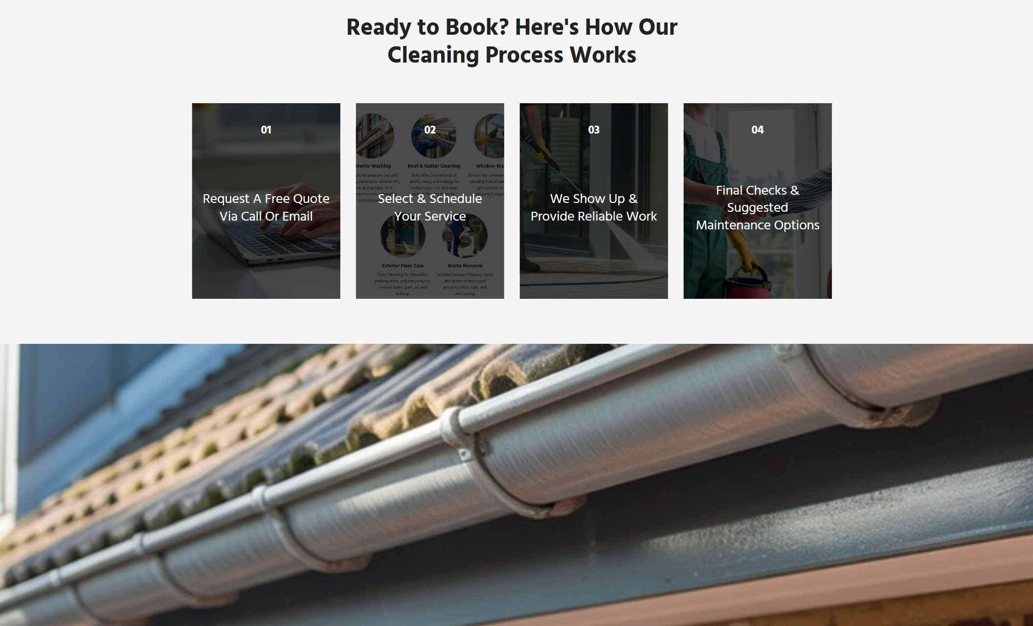 Cleaning process section with four visual steps—request a quote, schedule service, service delivery, and final checks—presented in a clean, easy-to-follow layout