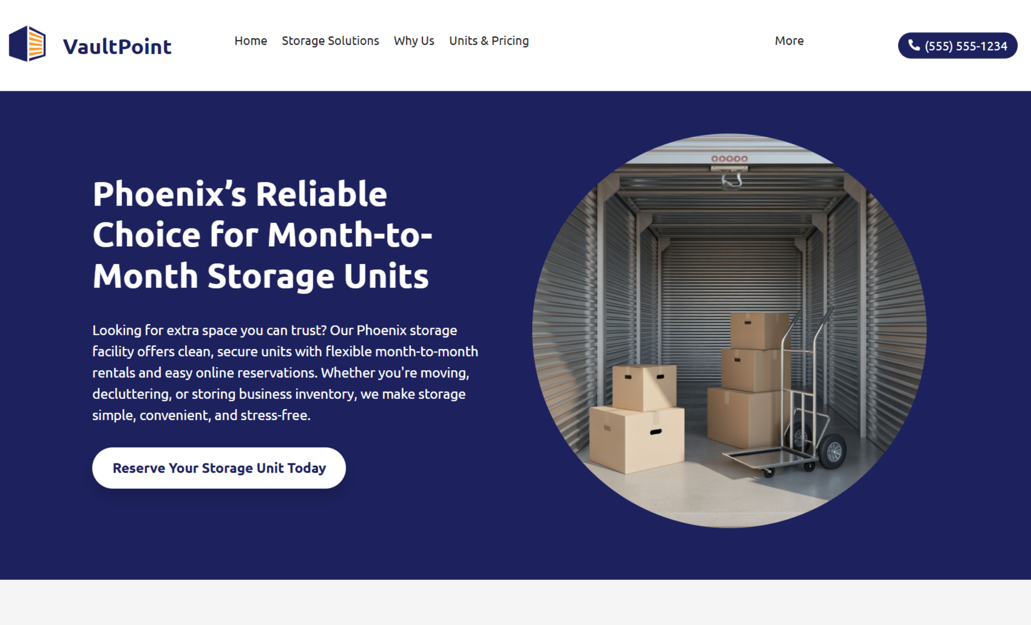 VaultPoint homepage hero with the headline “Phoenix’s Reliable Choice for Month-to-Month Storage Units,” featuring a circular image of an open storage unit with boxes and a dolly, plus a “Reserve Your Storage Unit Today” button