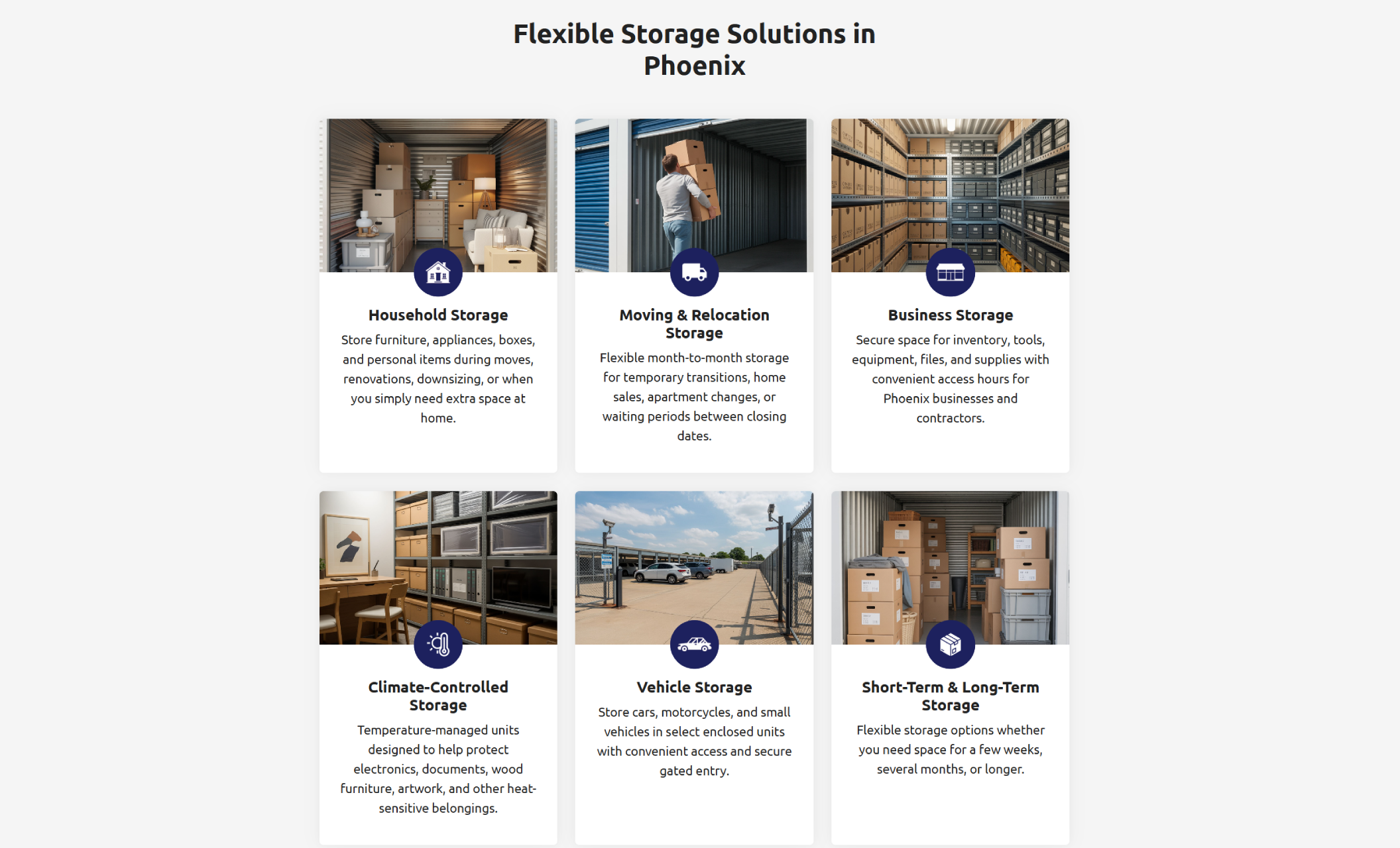 VaultPoint services section titled “Flexible Storage Solutions in Phoenix” showcasing Household, Moving & Relocation, Business, Climate-Controlled, Vehicle, and Short-Term & Long-Term storage options