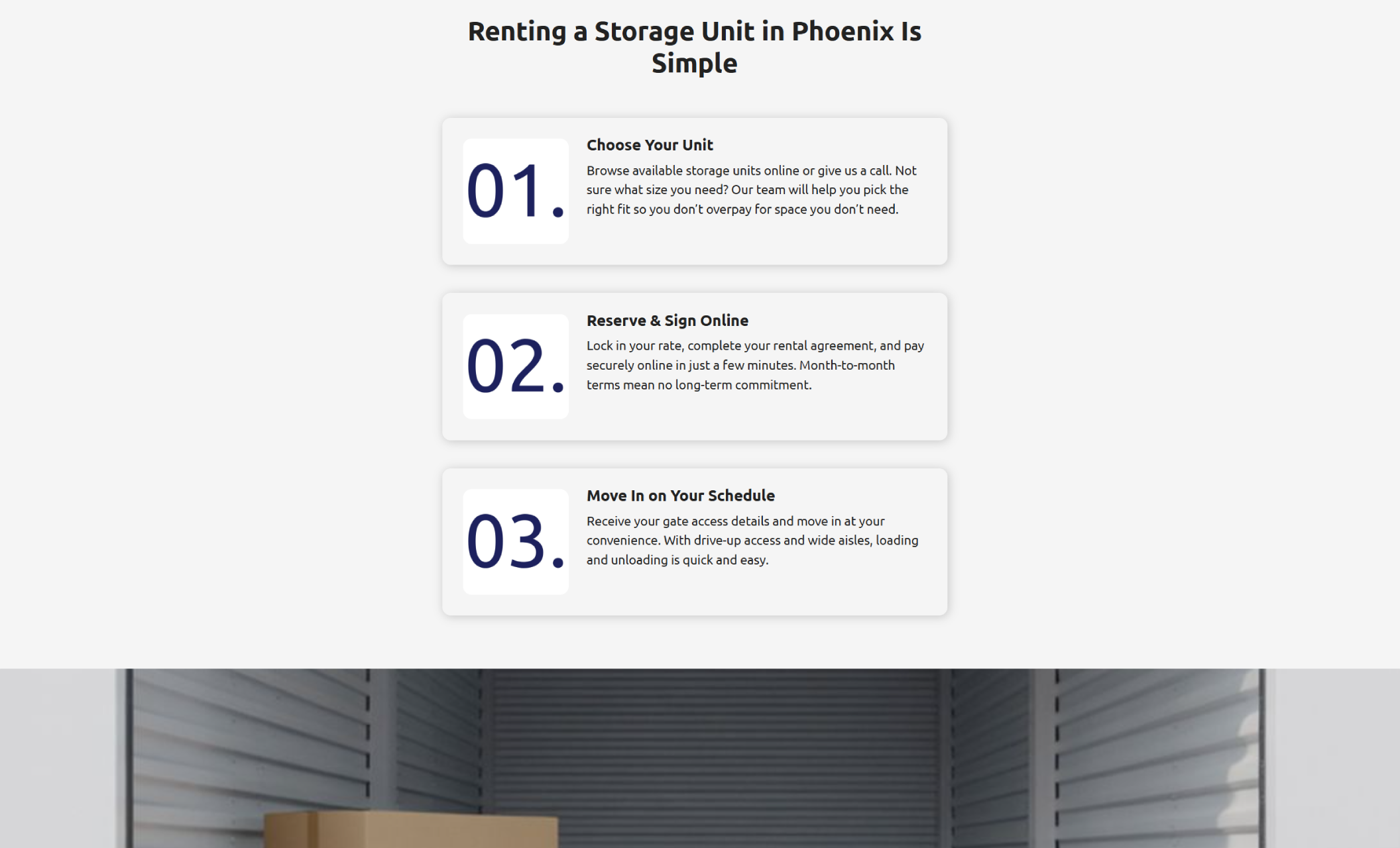 VaultPoint process section titled “Renting a Storage Unit in Phoenix Is Simple” outlining three steps: Choose Your Unit, Reserve & Sign Online, and Move In on Your Schedule