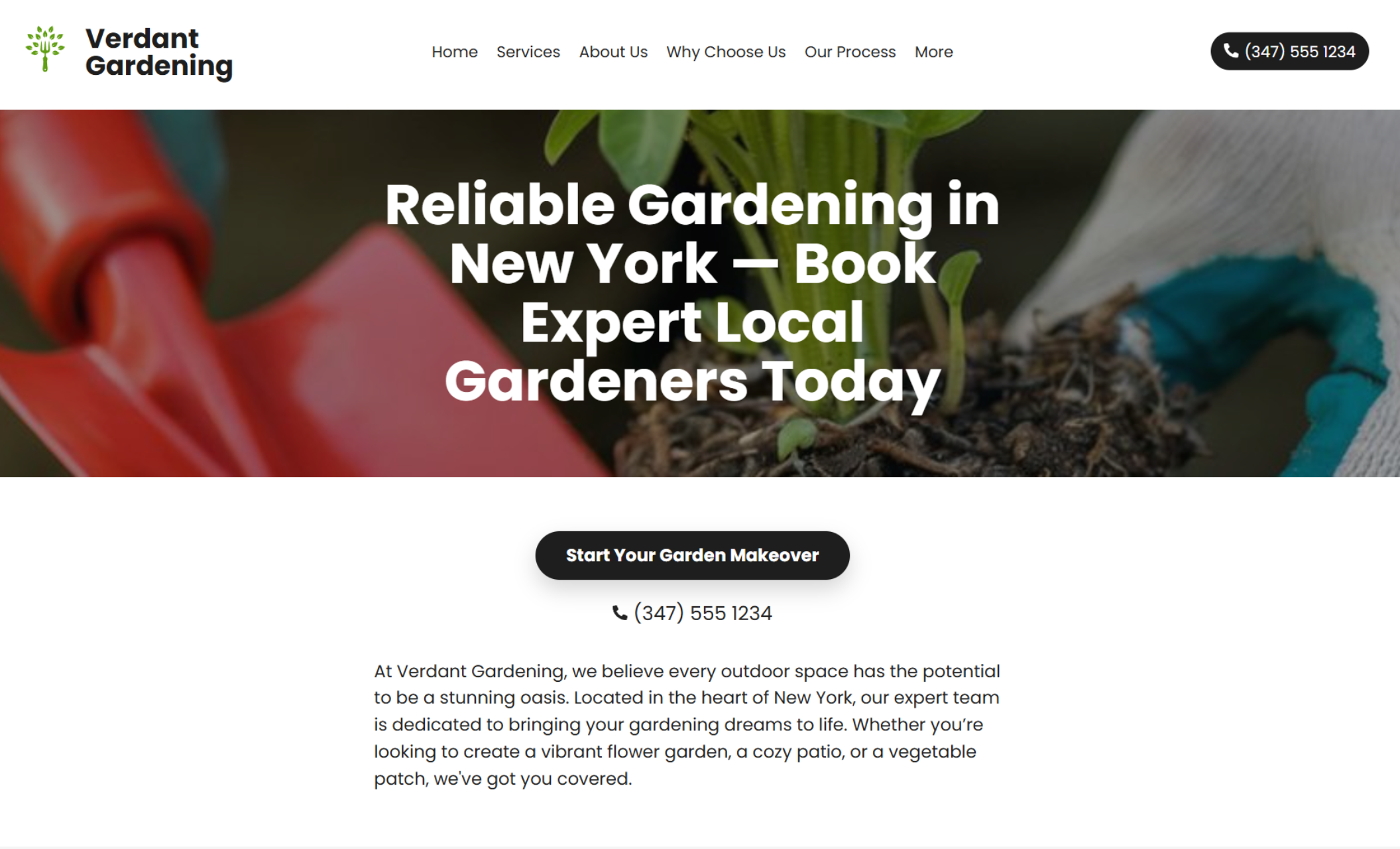 erdant Gardening homepage featuring a gloved hand holding a seedling and a red garden trowel in the soil under the headline “Reliable Gardening in New York — Book Expert Local Gardeners Today” with a black call-to-action button and phone number