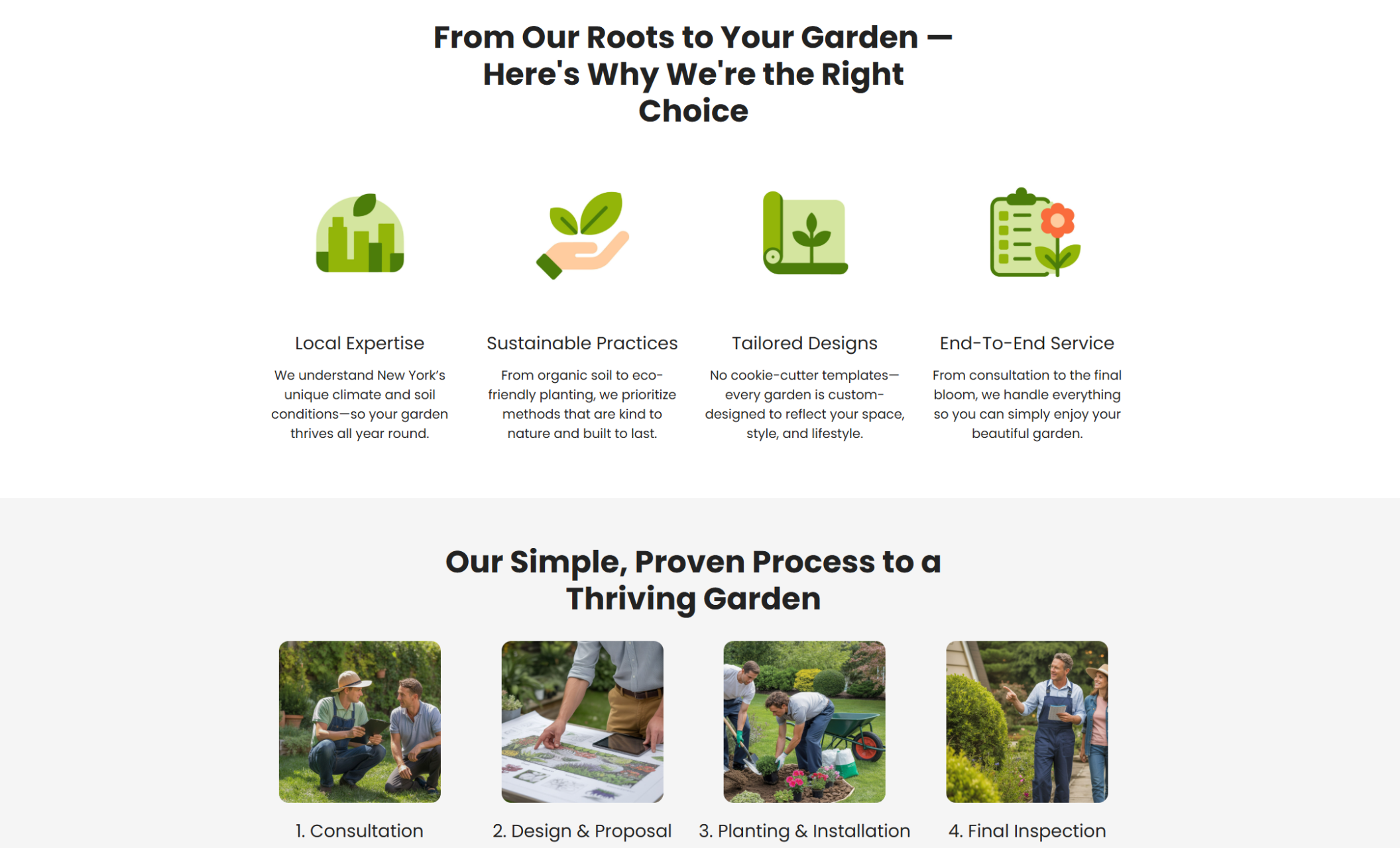 Verdant Gardening services page highlighting local expertise, sustainable practices, and tailored designs with illustrated icons, followed by four labeled steps showing their gardening process from consultation to final inspection