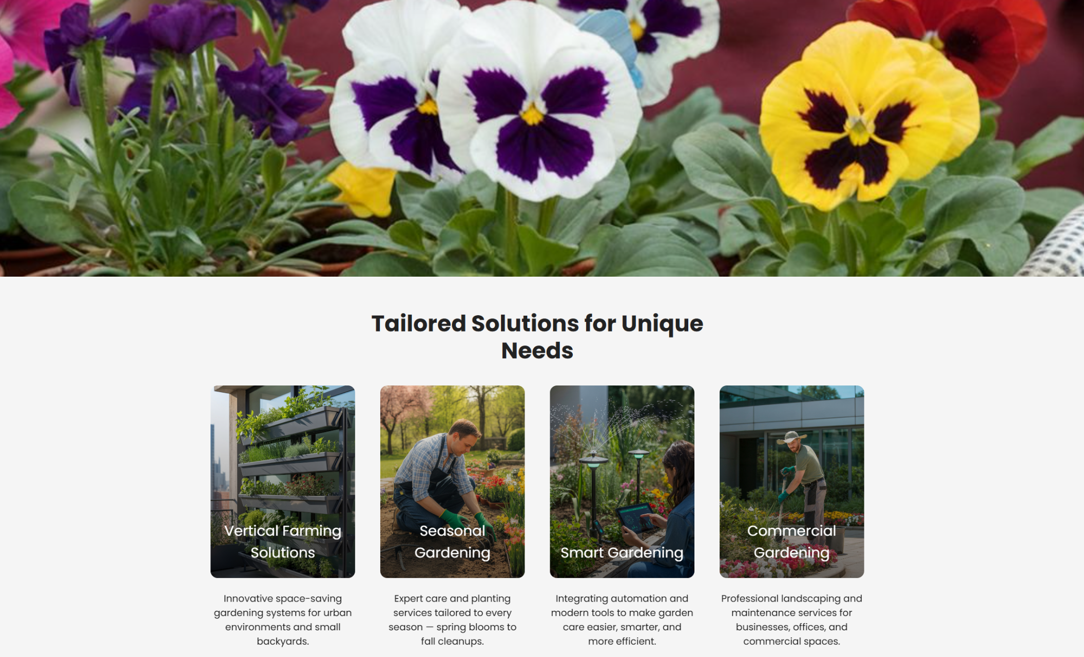 Verdant Gardening specialty services section showing vibrant pansies in bloom above four image tiles describing vertical farming, seasonal gardening, smart tools, and commercial landscaping solutions