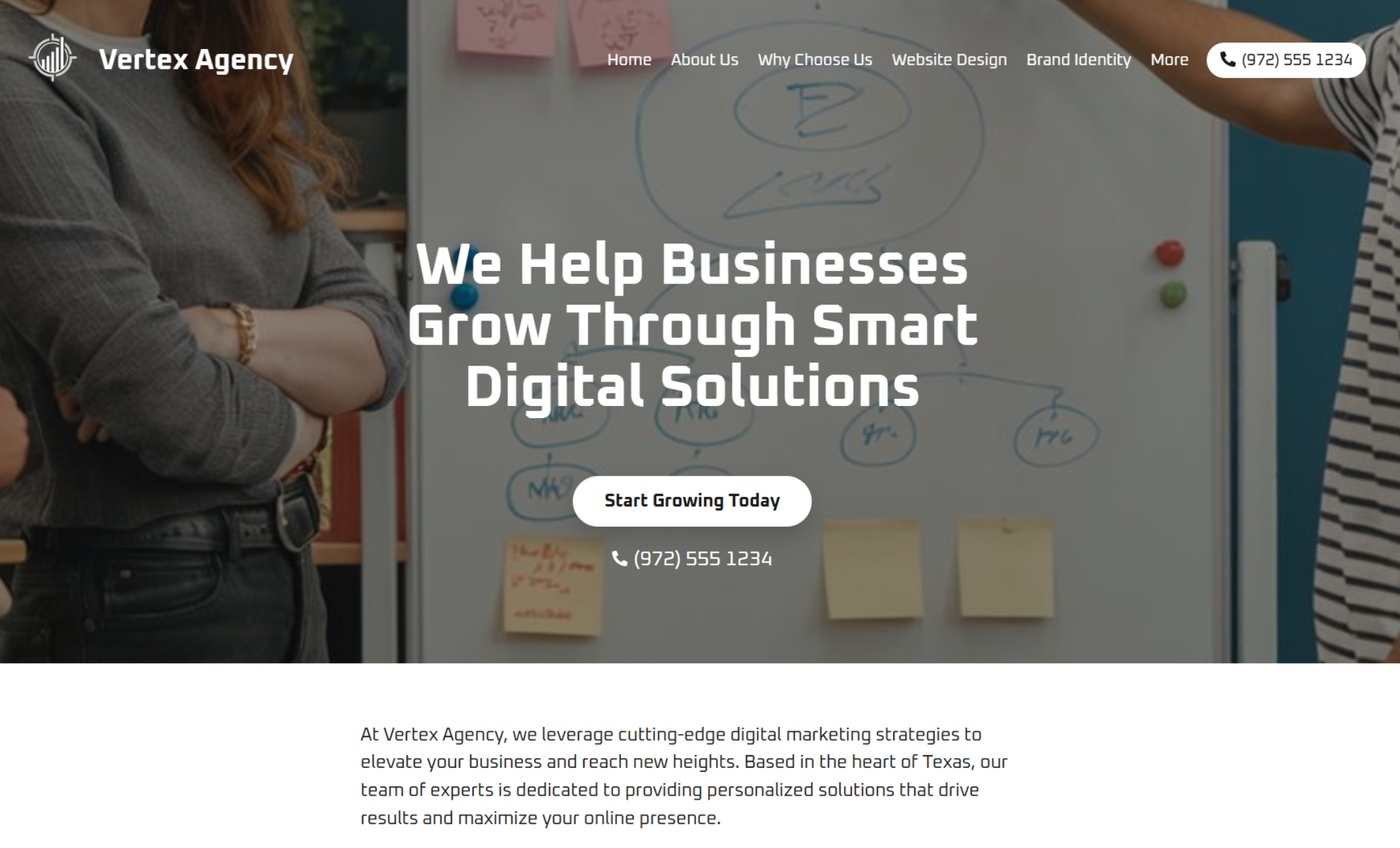 Vertex Agency homepage featuring a bold white headline “We Help Businesses Grow Through Smart Digital Solutions” over a blurred background image of people collaborating in front of a whiteboard with diagrams, plus a black button that says “Start Growing Today”