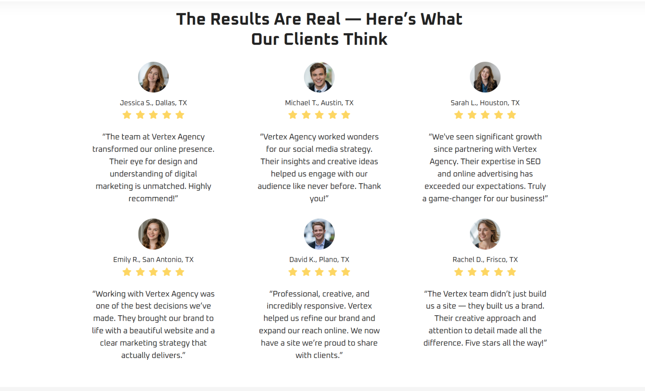 Client testimonial section under the heading “The Results Are Real — Here’s What Our Clients Think,” displaying six headshots with five-star reviews and detailed praise from clients across Texas cities including Dallas, Austin, Houston, and Frisco