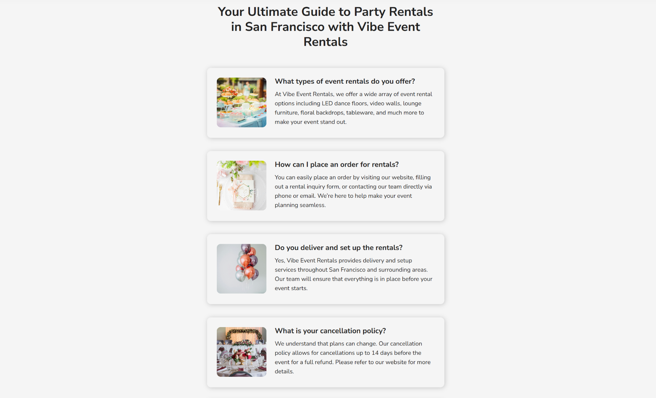 Vibe Event Rentals gallery titled “Transforming Events with Style and Elegance,” displaying a 3x3 grid of event photos including outdoor festivals, LED-lit stages, floral walls, birthday parties, and wedding ceremonies