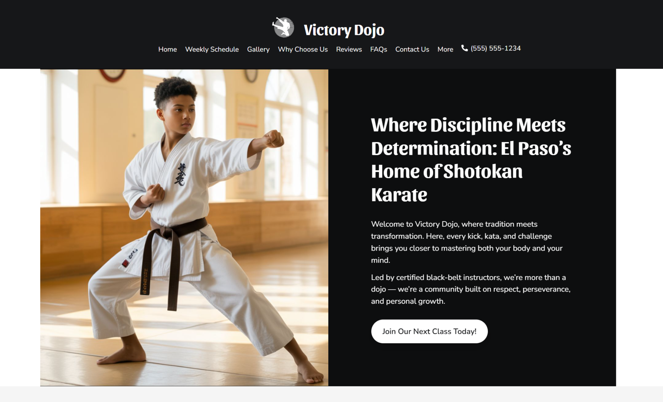 Victory Dojo homepage featuring a young karate student in a white gi performing a stance beside the headline “Where Discipline Meets Determination: El Paso’s Home of Shotokan Karate” and a white button inviting users to “Join Our Next Class Today.”