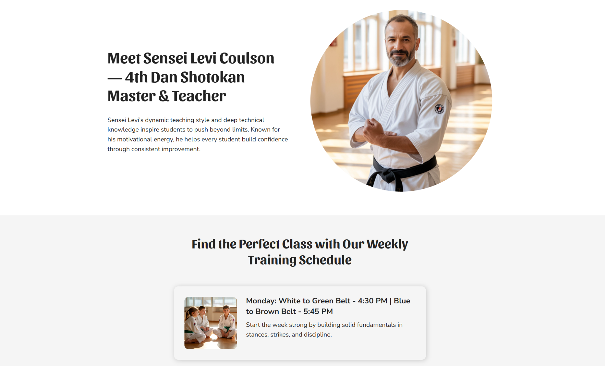 Instructor introduction section of Victory Dojo’s site showing Sensei Levi Coulson, a 4th Dan Shotokan Master, smiling in his white gi beside text about his teaching style and expertise, followed by a weekly class schedule section