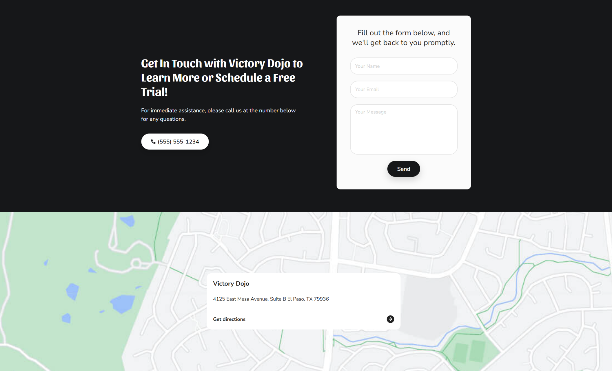 Contact section of Victory Dojo’s website displaying a sleek black background with a contact form, phone number, and embedded map location for the dojo’s El Paso studio