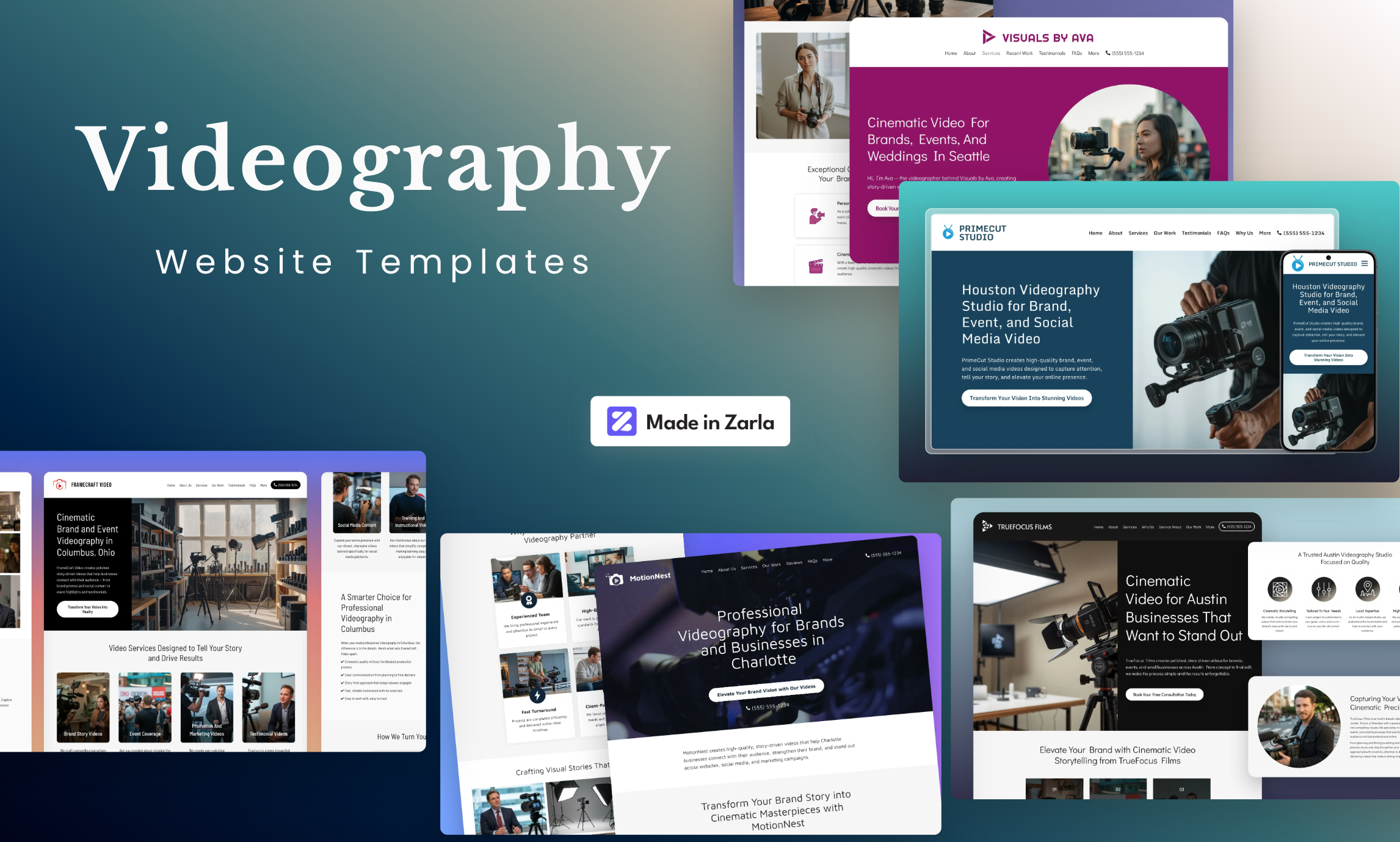Collection of videography website templates created with Zarla