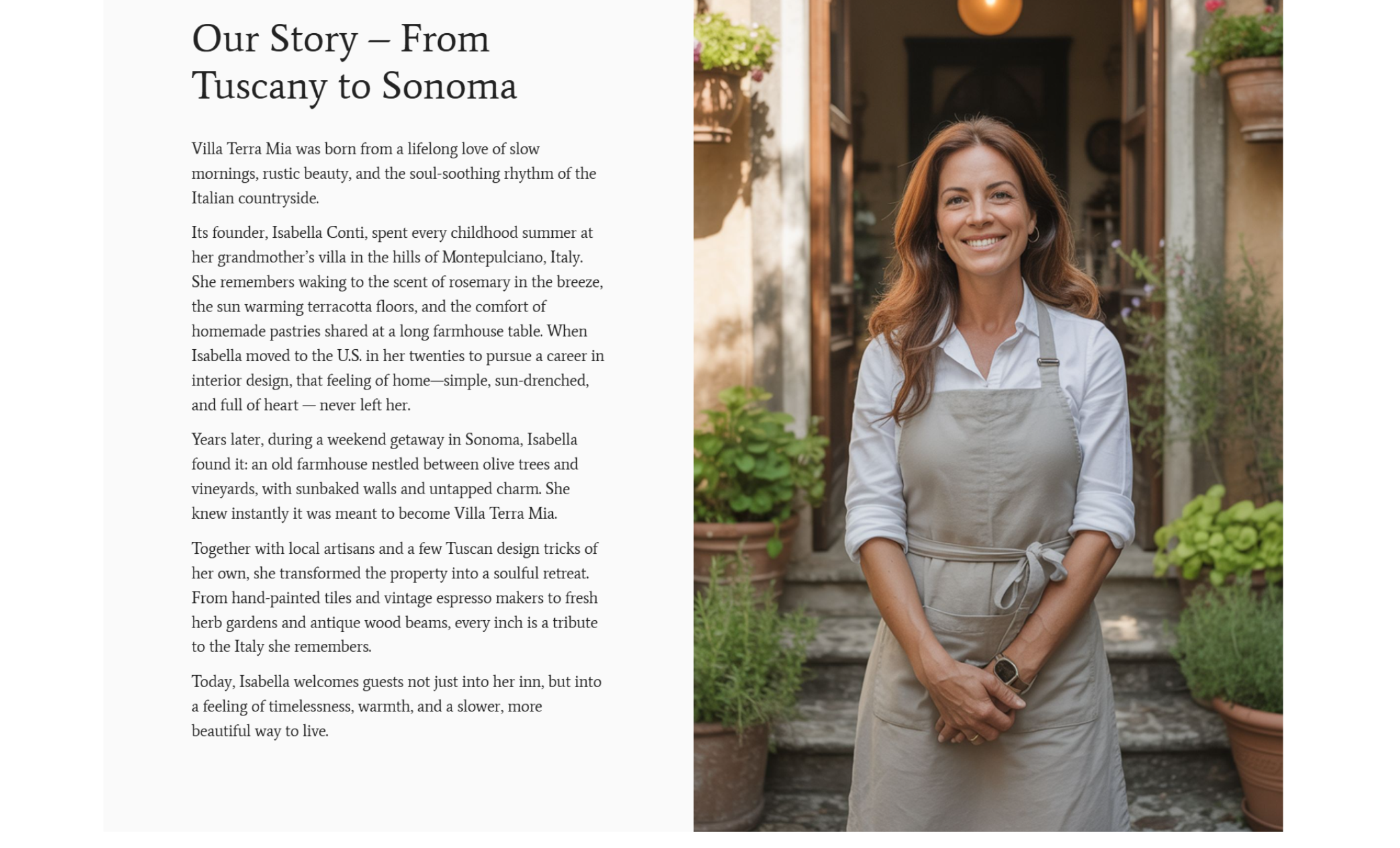“Our Story” section of Villa Terra Mia showing founder Isabella Conti smiling warmly in a gray apron outside the inn, next to a heartfelt narrative describing her Tuscan roots and vision for the Sonoma retreat