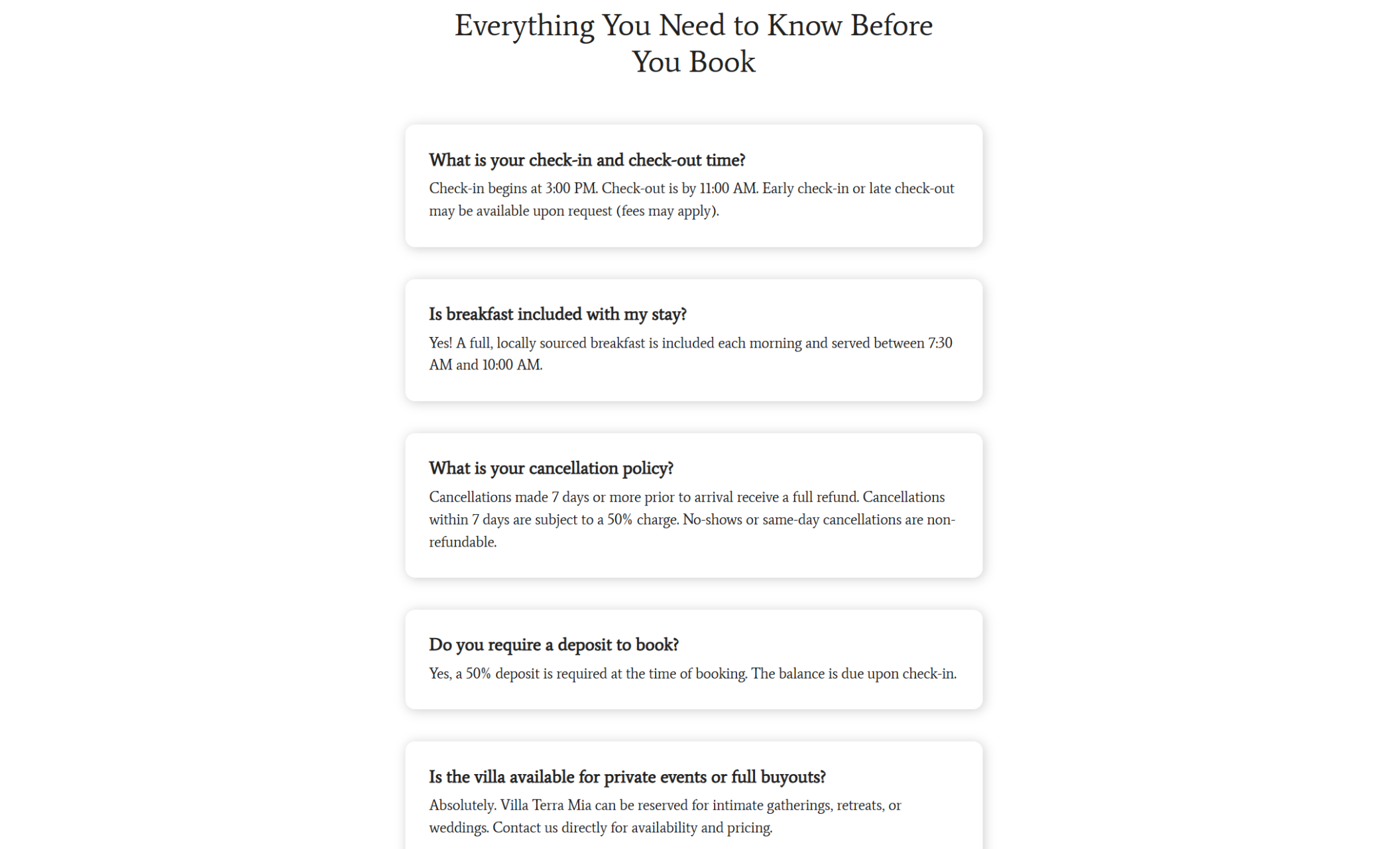 Villa Terra Mia FAQs page featuring a clean layout of five white accordion-style question cards beneath the heading “Everything You Need to Know Before You Book,” covering topics from check-in times to private event availability